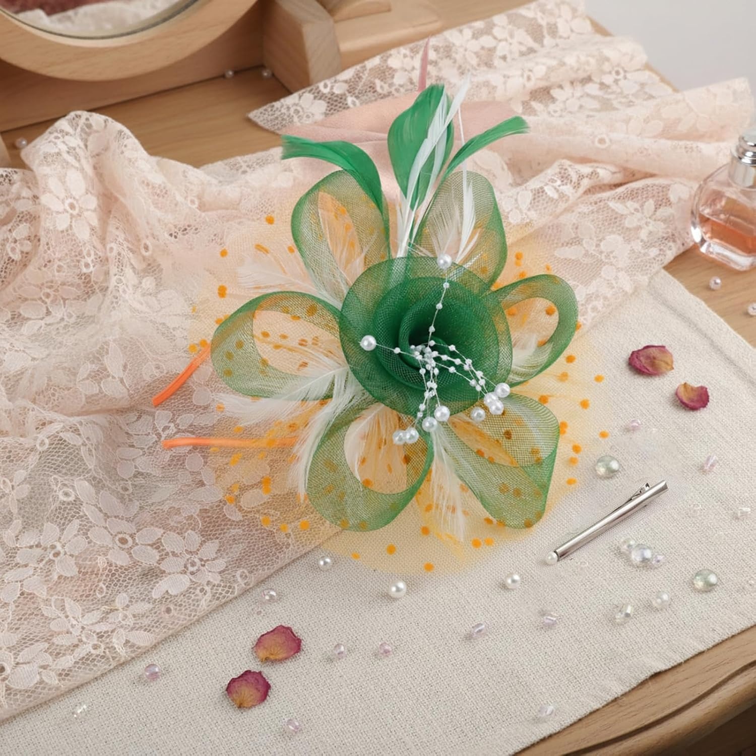 image:imageDRESHOW Fascinators Hat Flower Mesh Ribbons Feathers on a Headband and a Clip Tea Party Headwear for Girls and Women7 Diameter Green White Orange