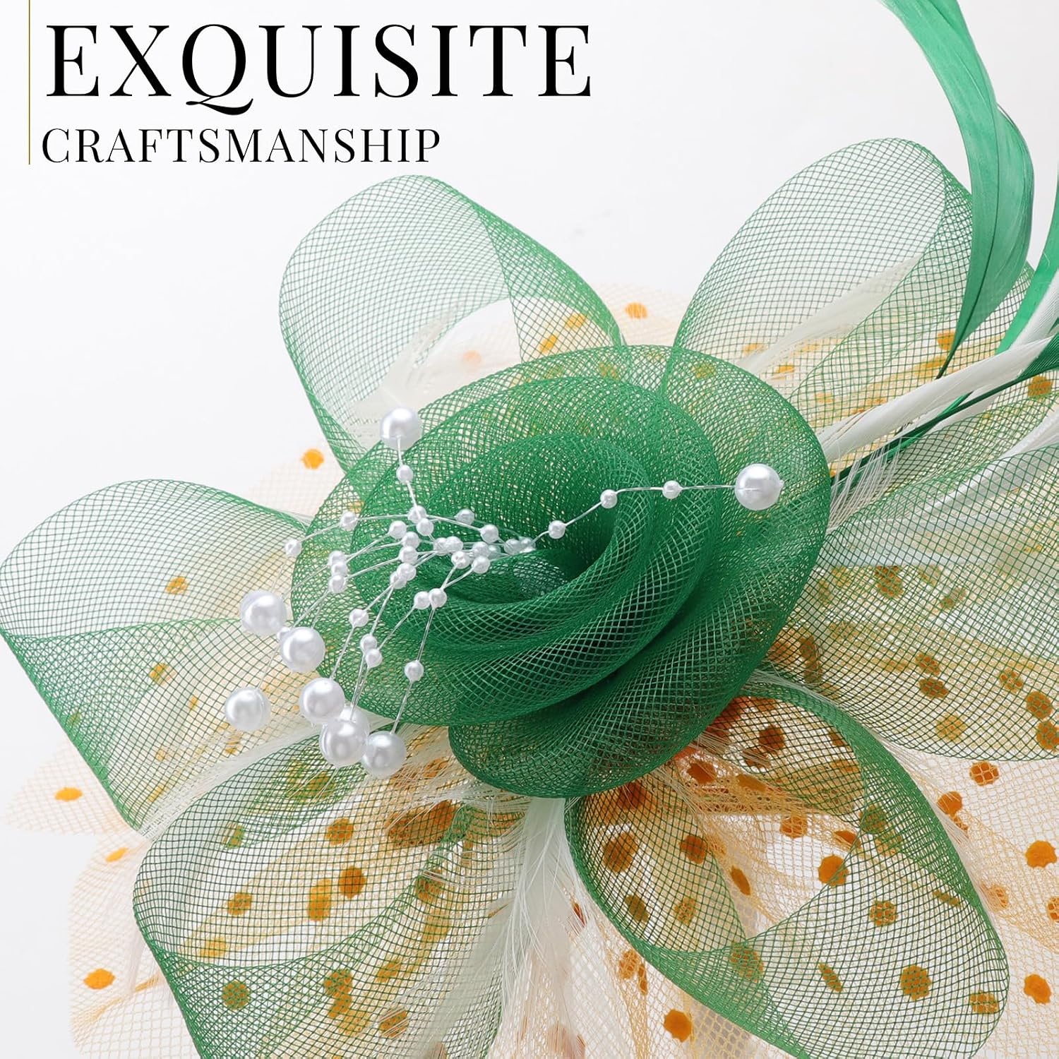 image:imageDRESHOW Fascinators Hat Flower Mesh Ribbons Feathers on a Headband and a Clip Tea Party Headwear for Girls and Women7 Diameter Green White Orange