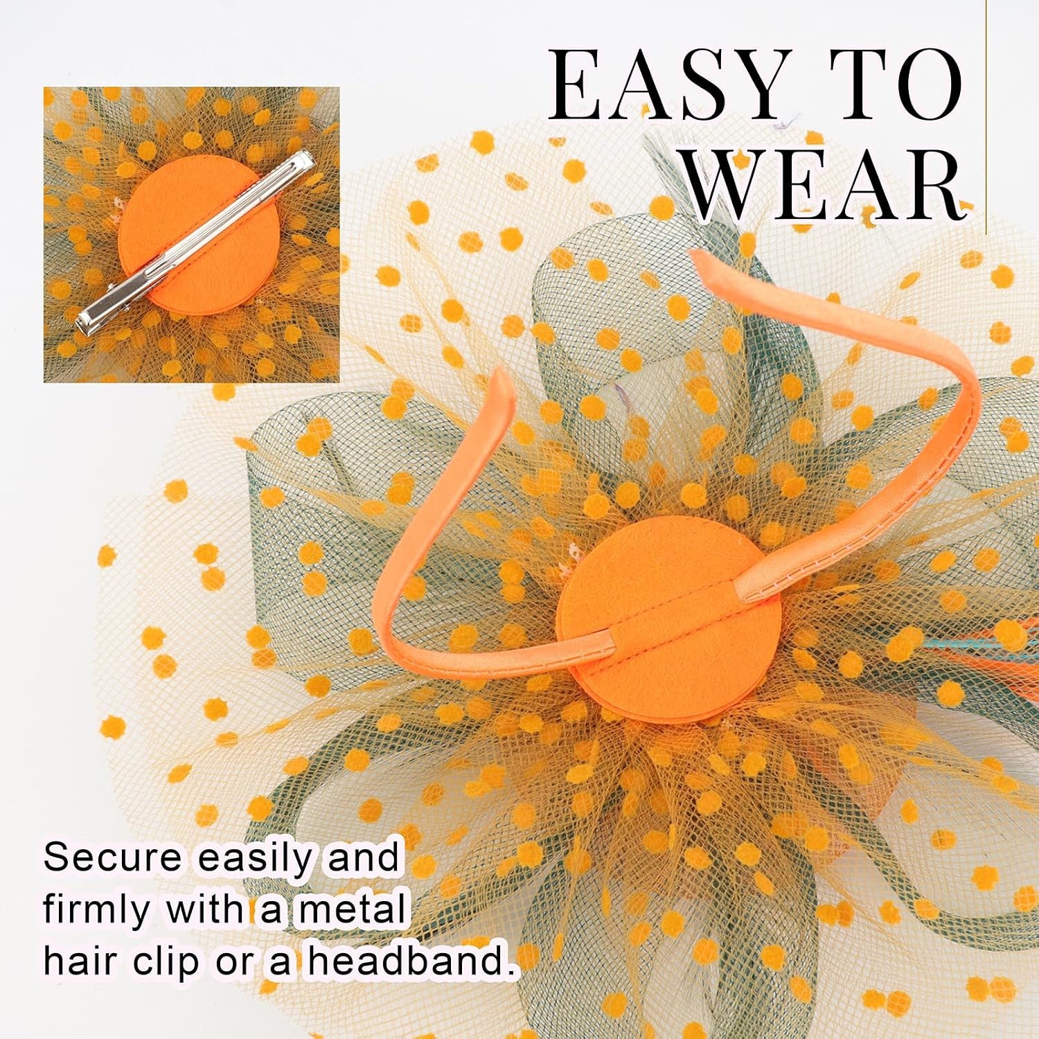image:imageDRESHOW Fascinators Hat Flower Mesh Ribbons Feathers on a Headband and a Clip Tea Party Headwear for Girls and Women7 Diameter Orange Dark Green Teal