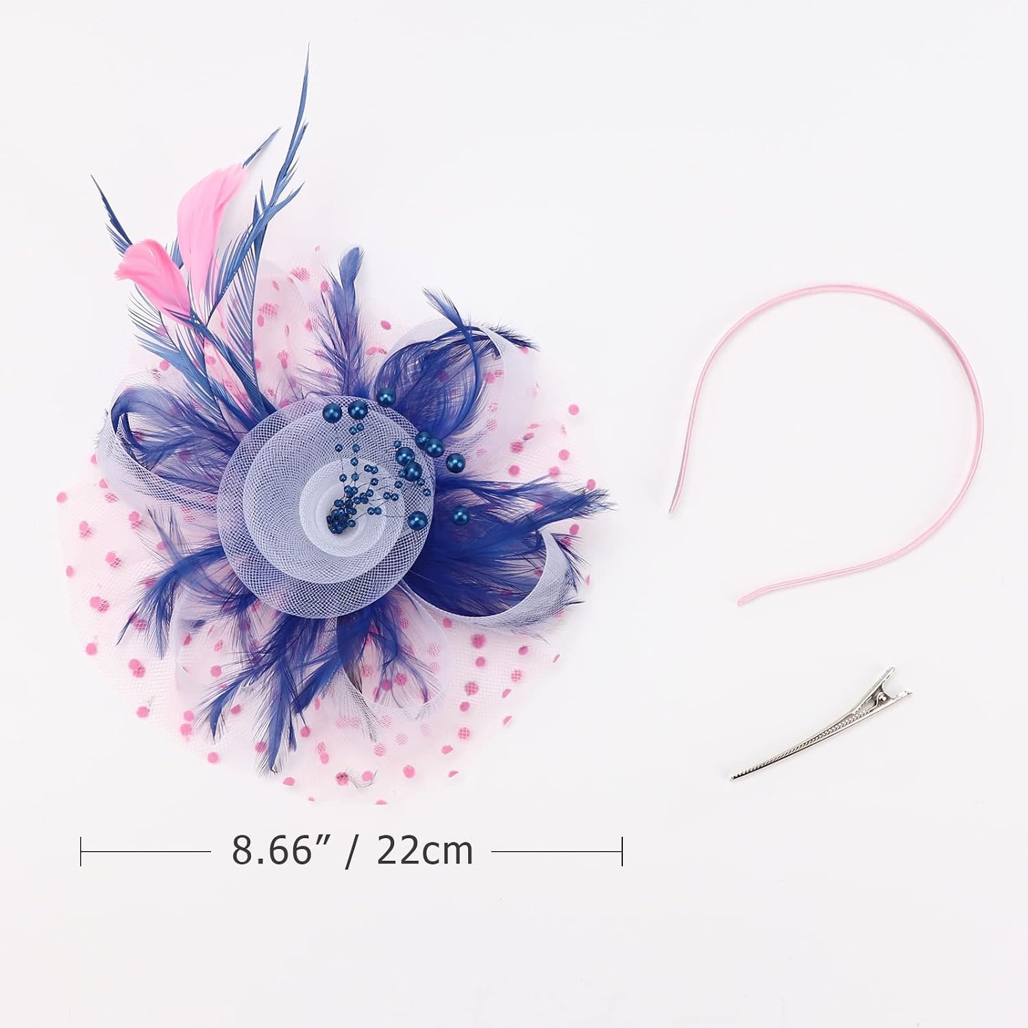 image:imageDRESHOW Fascinators Hat Flower Mesh Ribbons Feathers on a Headband and a Clip Tea Party Headwear for Girls and Women7 Diameter Pink White
