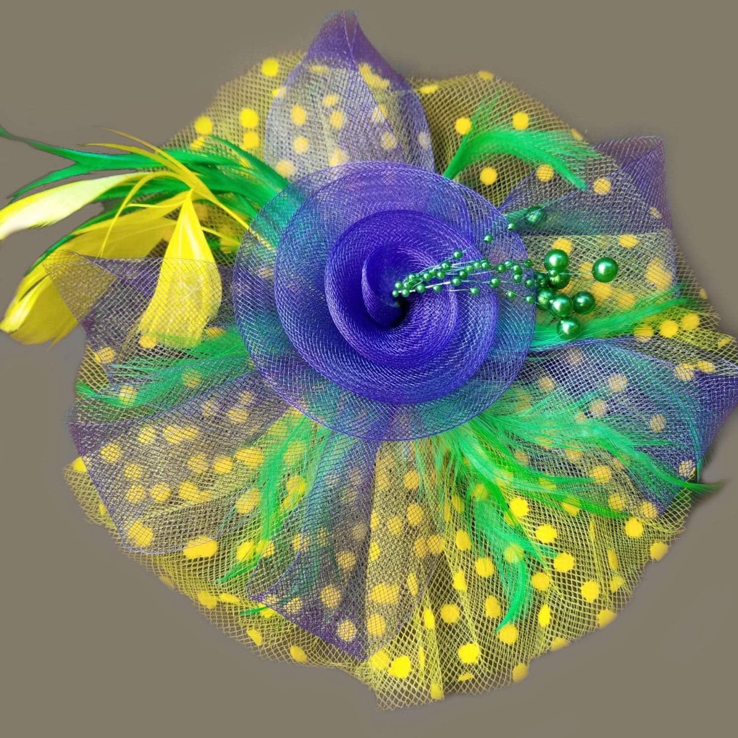 image:imageDRESHOW Fascinators Hat Flower Mesh Ribbons Feathers on a Headband and a Clip Tea Party Headwear for Girls and Women7 Diameter Purple Yellow Green