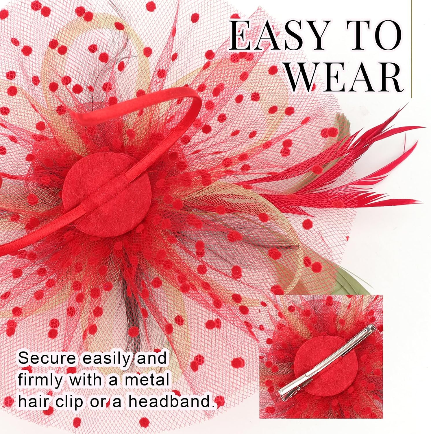 image:imageDRESHOW Fascinators Hat Flower Mesh Ribbons Feathers on a Headband and a Clip Tea Party Headwear for Girls and Women7 Diameter Red Olive Green Dark Green