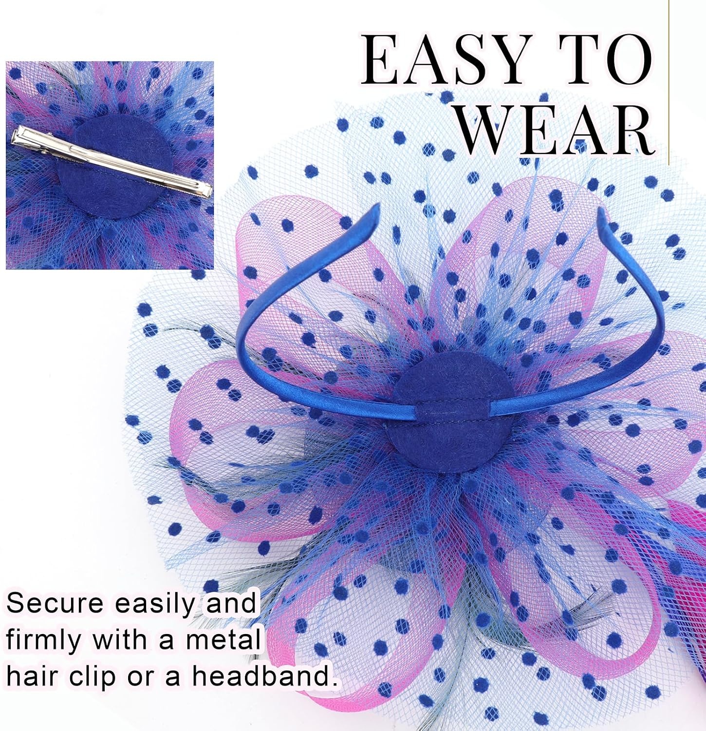 image:imageDRESHOW Fascinators Hat Flower Mesh Ribbons Feathers on a Headband and a Clip Tea Party Headwear for Girls and Women7 Diameter Royal Blue Hot Pink Dark Green