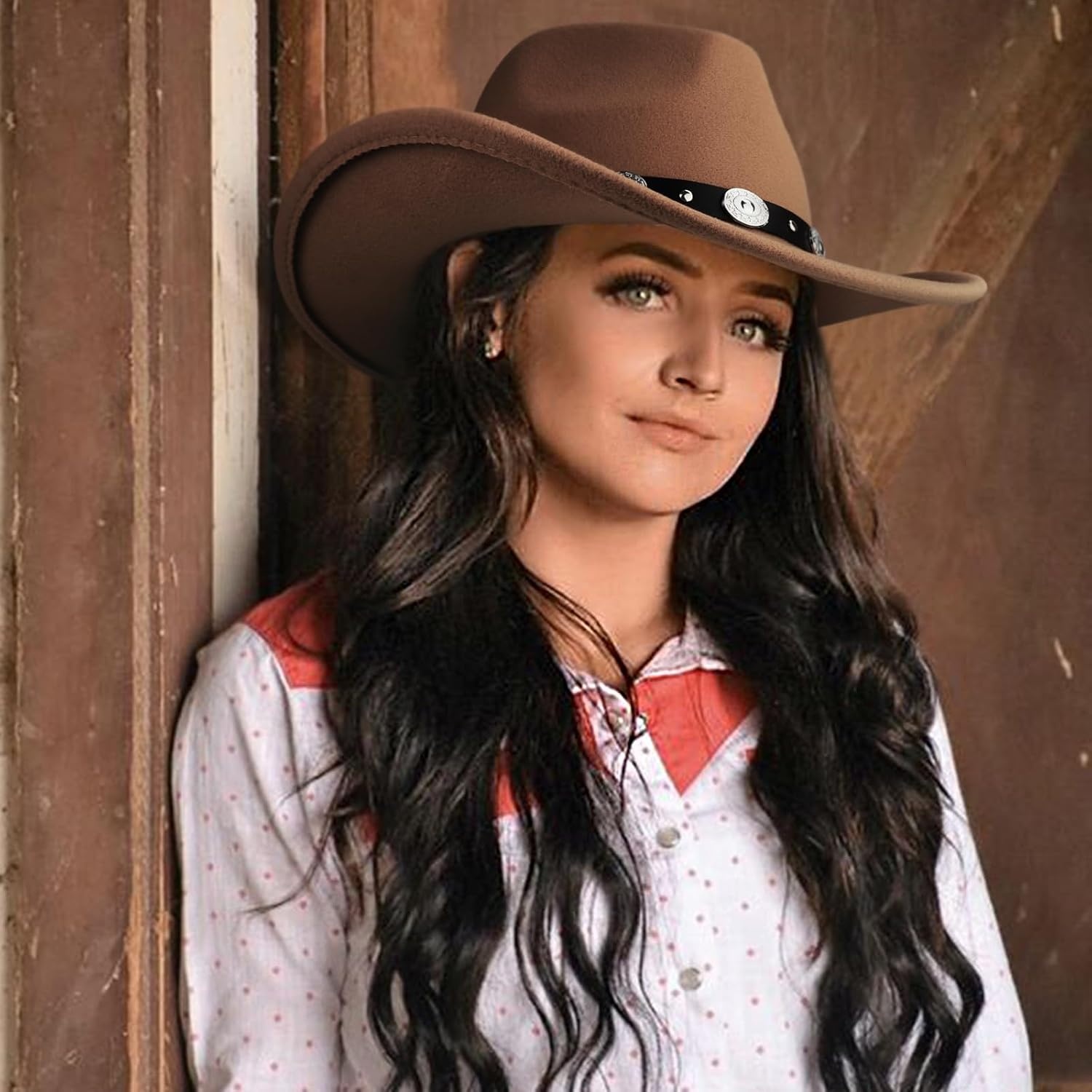 image:imageDRESHOW Women Men Classic Felt Wide Brim Western Cowboy amp Cowgirl Cap Belt Buckle Retro Panama Hat Unisex Rolled up Caps1 Pack Style 1 Brown Hat Circumference 22228