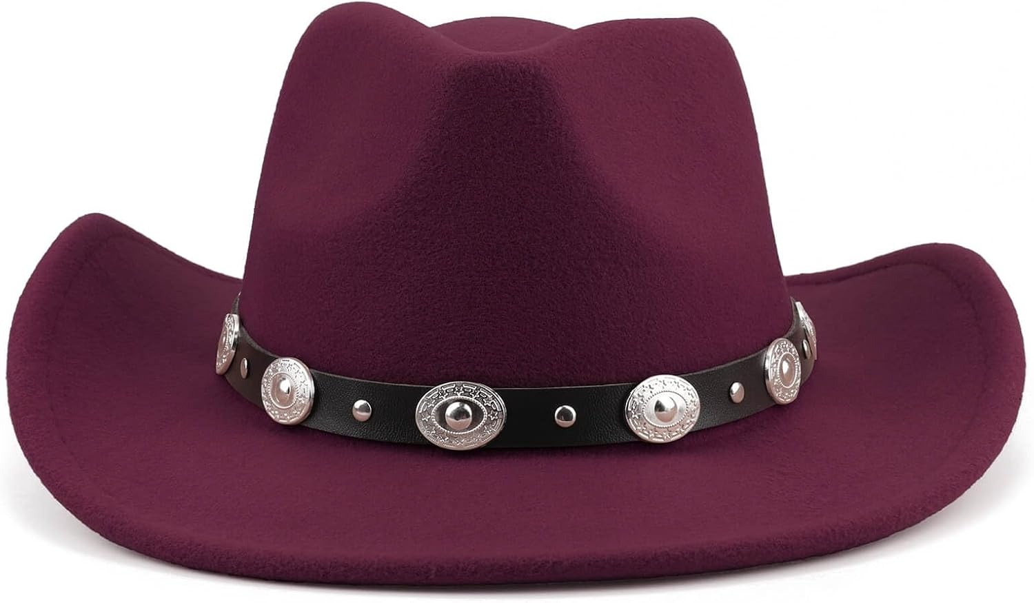 image:imageDRESHOW Women Men Classic Felt Wide Brim Western Cowboy amp Cowgirl Cap Belt Buckle Retro Panama Hat Unisex Rolled up Caps1 Pack Style 1 Burgundy Hat Circumference 22228