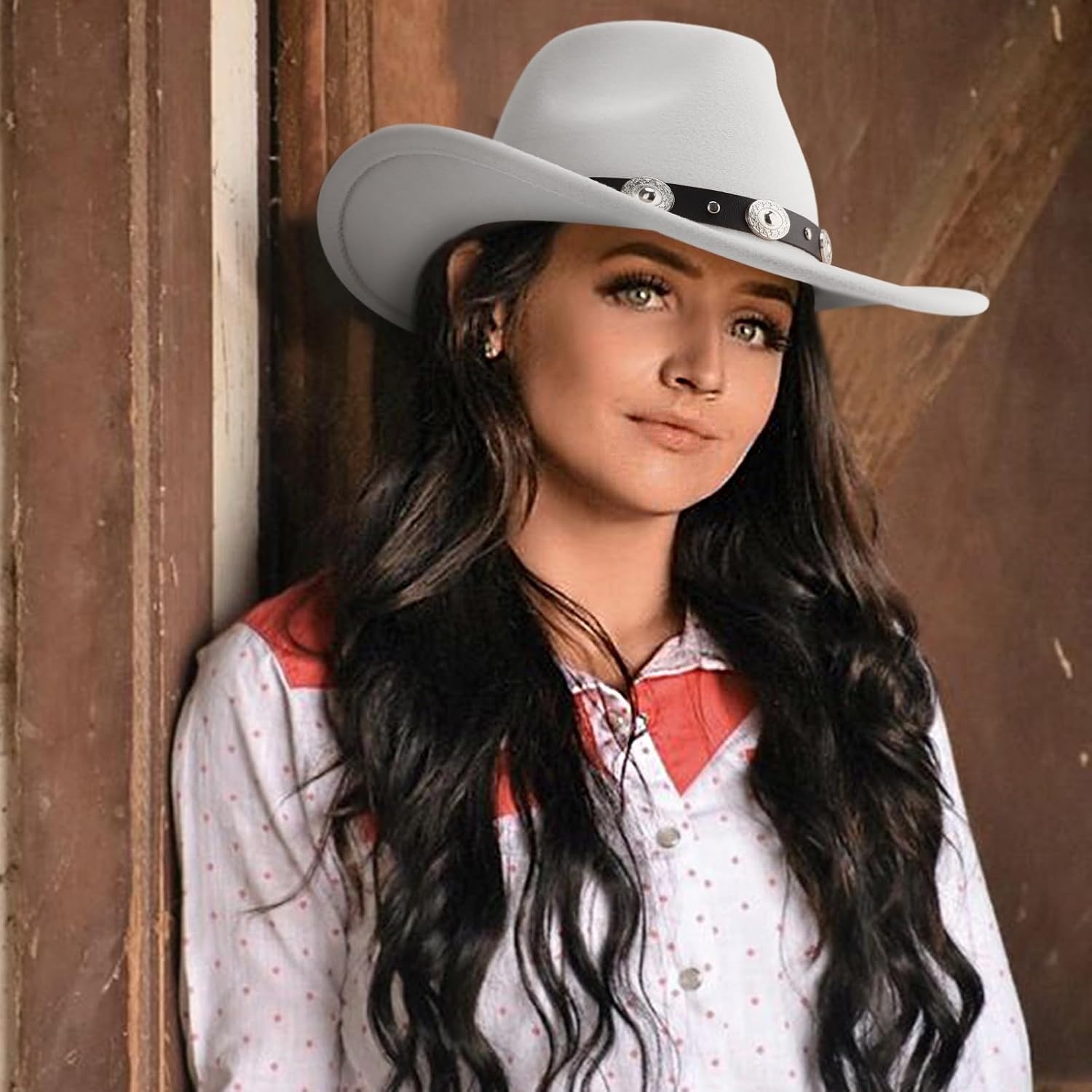 image:imageDRESHOW Women Men Classic Felt Wide Brim Western Cowboy amp Cowgirl Cap Belt Buckle Retro Panama Hat Unisex Rolled up Caps1 Pack White Cowboy Hat Hat Circumference 22228