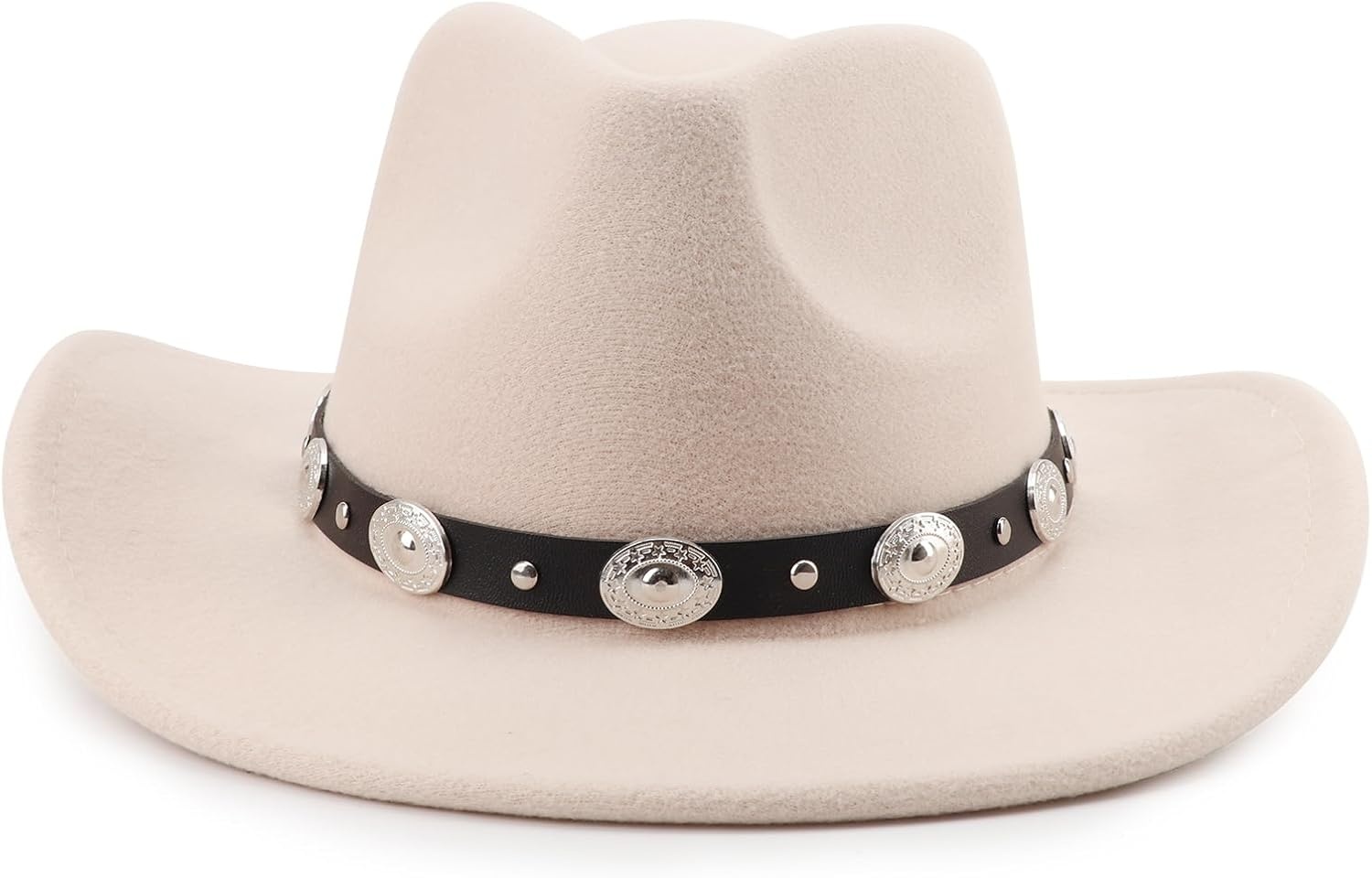 image:imageDRESHOW Women Men Classic Felt Wide Brim Western Cowboy amp Cowgirl Cap Belt Buckle Retro Panama Hat Unisex Rolled up CapsBeige With Black Hatbandcircumference 22228