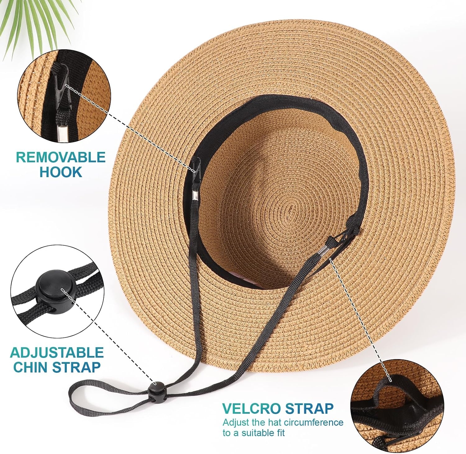 image:imageDRESHOW Women Straw Panama Hat Travel Fedora Beach Sun Hat Summer Wide Brim Straw Roll up Hats UPF 501 Pack Boater Hat Khaki With Beige Band