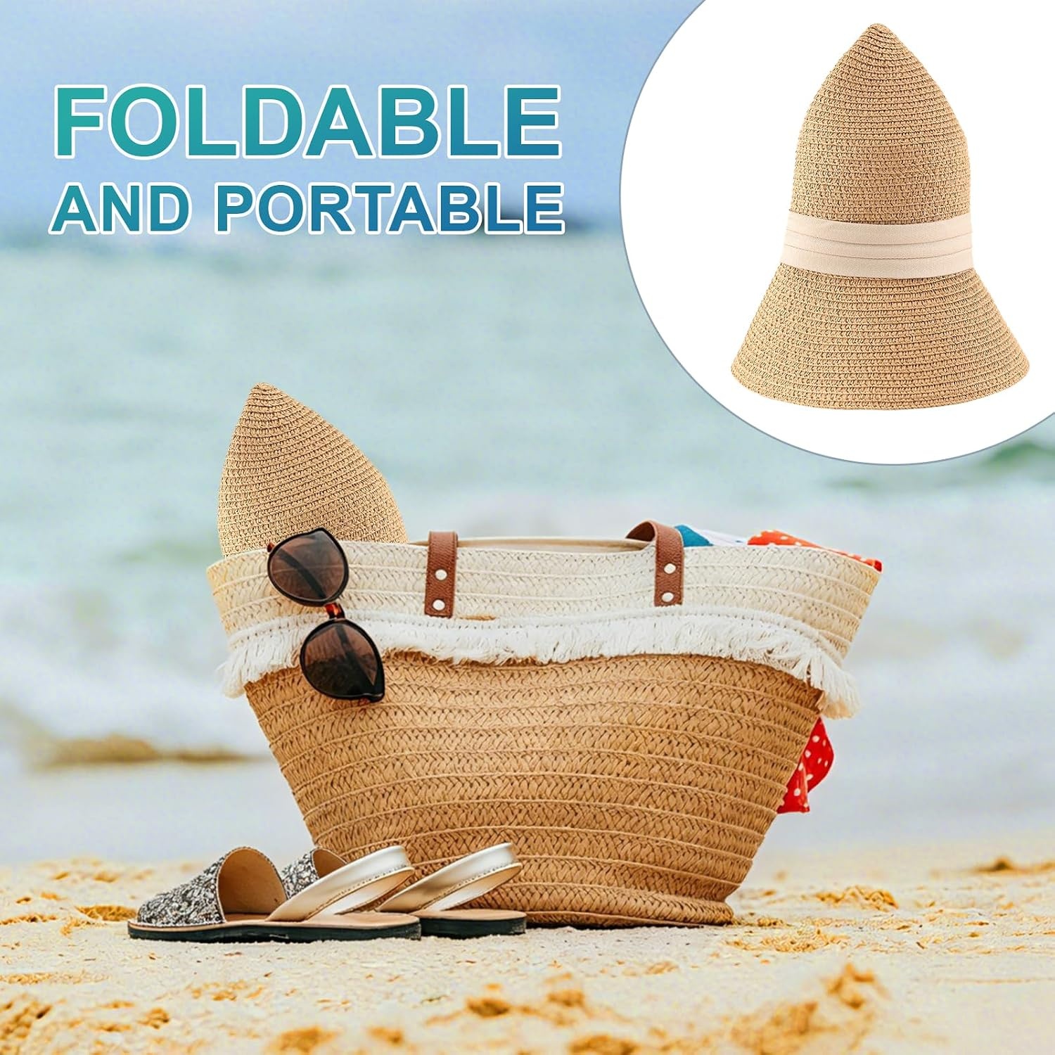 image:imageDRESHOW Women Straw Panama Hat Travel Fedora Beach Sun Hat Summer Wide Brim Straw Roll up Hats UPF 501 Pack Boater Hat Khaki With Beige Band
