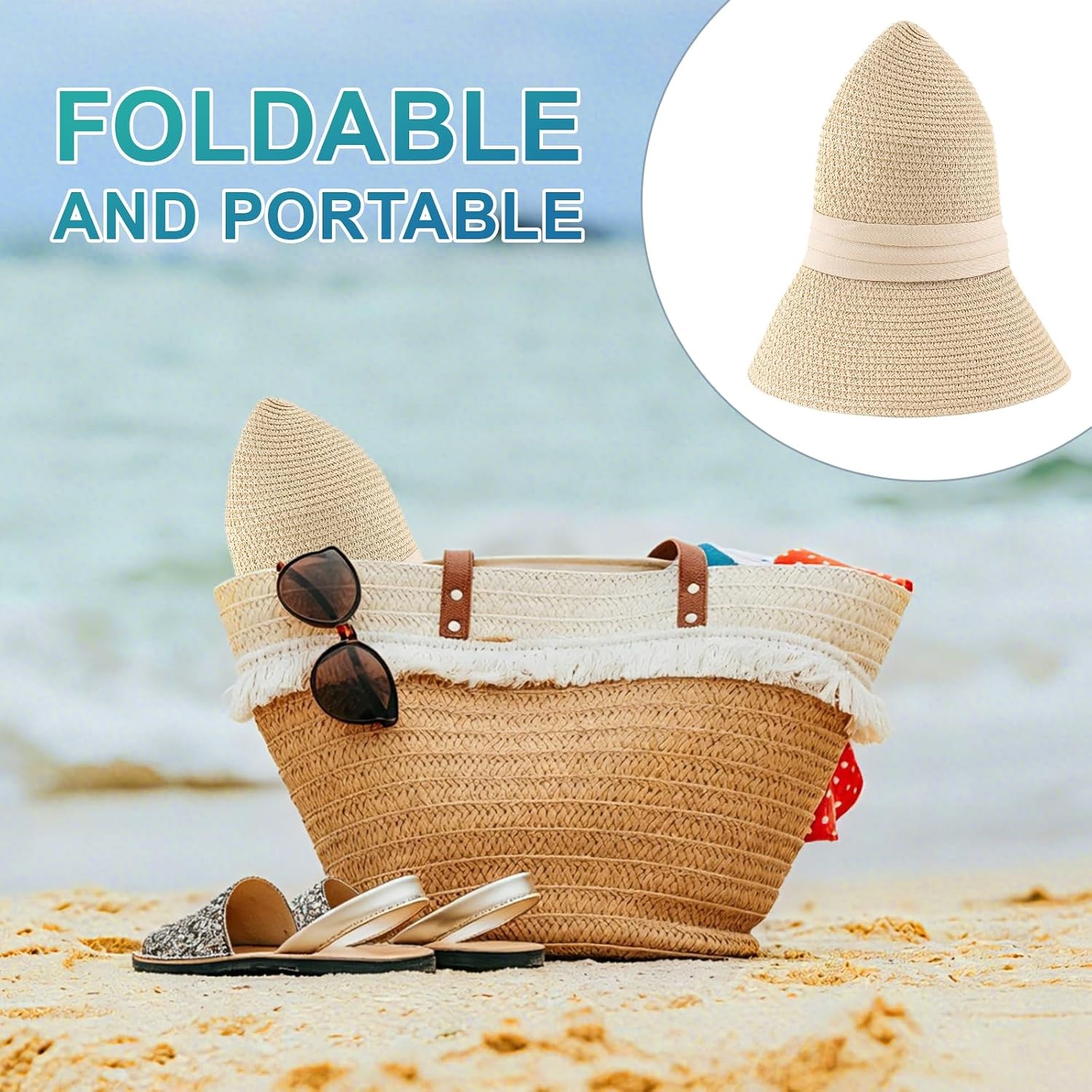 image:imageDRESHOW Women Straw Panama Hat Travel Fedora Beach Sun Hat Summer Wide Brim Straw Roll up Hats UPF 501 Pack Boater Hat Light Beige With Beige Band