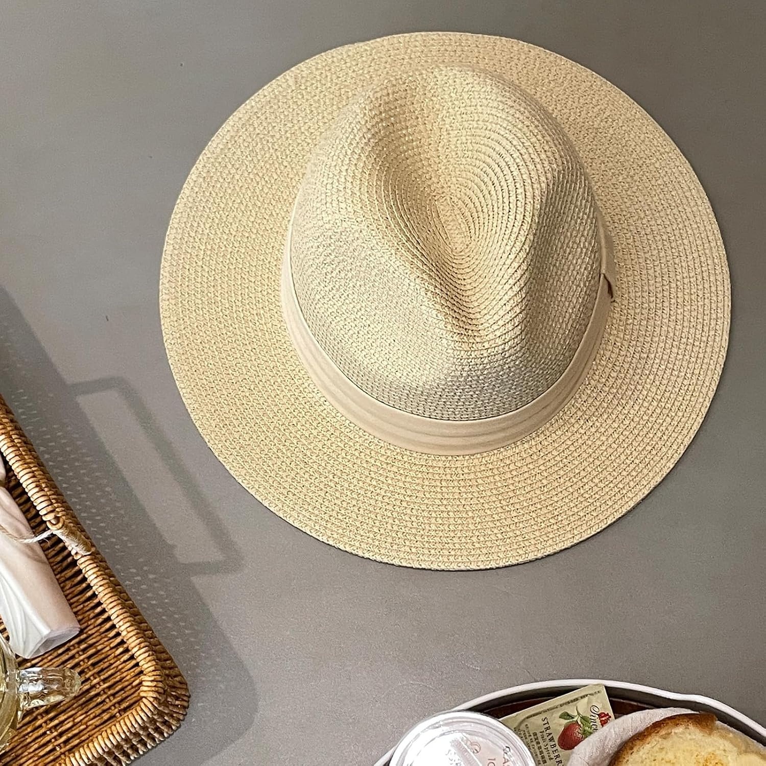 image:imageDRESHOW Women Straw Panama Hat Travel Fedora Beach Sun Hat Summer Wide Brim Straw Roll up Hats UPF 50Beige Hat With Cream Band a