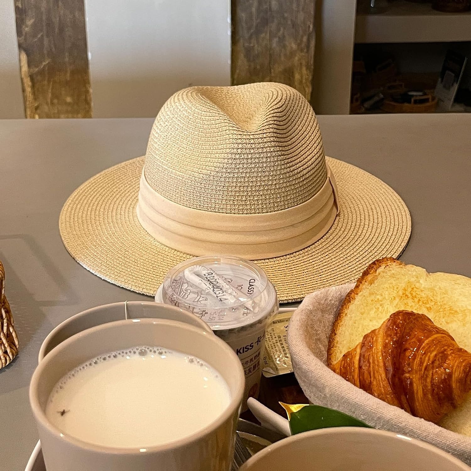 image:imageDRESHOW Women Straw Panama Hat Travel Fedora Beach Sun Hat Summer Wide Brim Straw Roll up Hats UPF 50Beige Hat With Cream Band a