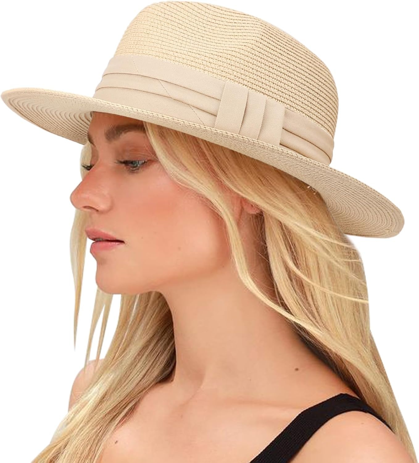 image:imageDRESHOW Women Straw Panama Hat Travel Fedora Beach Sun Hat Summer Wide Brim Straw Roll up Hats UPF 50Beige Hat With Cream Band a