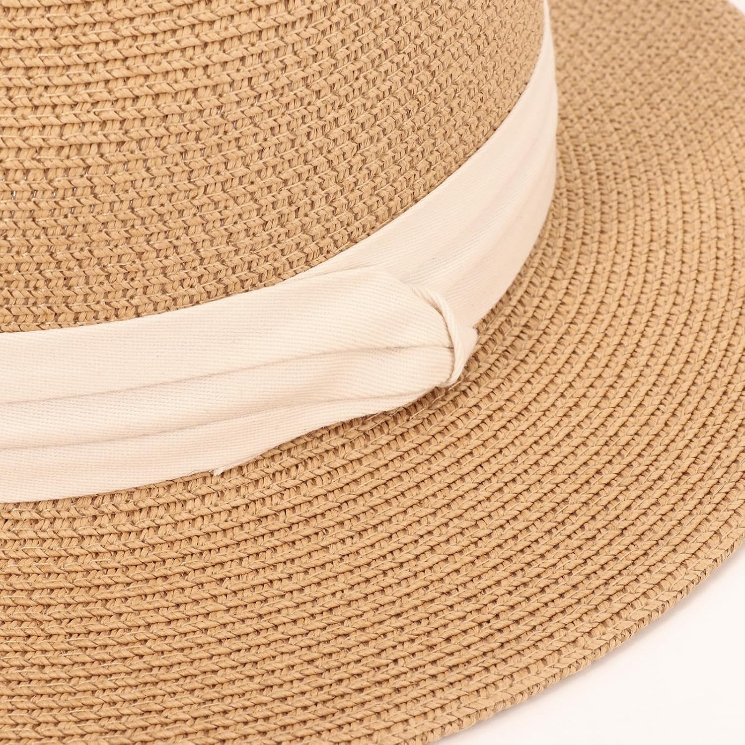 image:imageDRESHOW Women Straw Panama Hat Travel Fedora Beach Sun Hat Summer Wide Brim Straw Roll up Hats UPF 50Fedora Hat Kahki Beige Ribbon