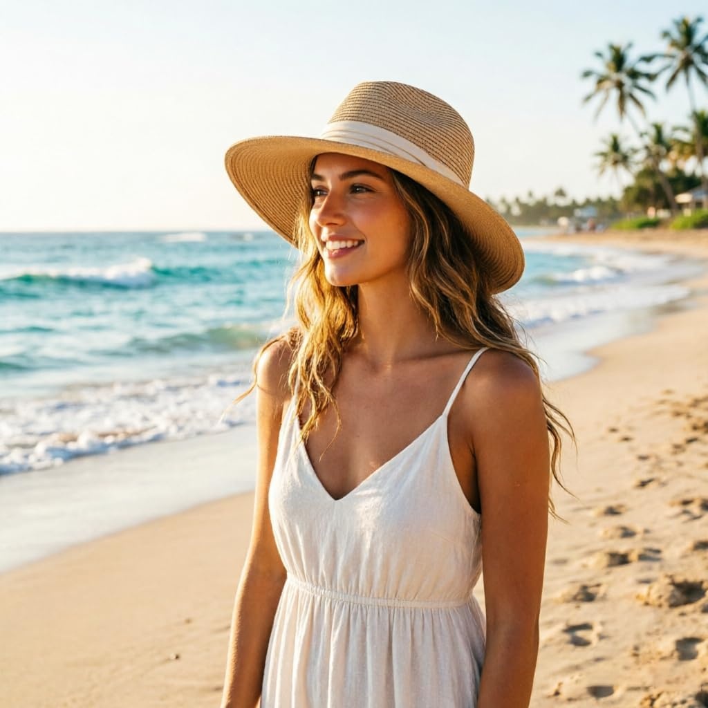 image:imageDRESHOW Women Straw Panama Hat Travel Fedora Beach Sun Hat Summer Wide Brim Straw Roll up Hats UPF 50Fedora Hat Kahki Beige Ribbon