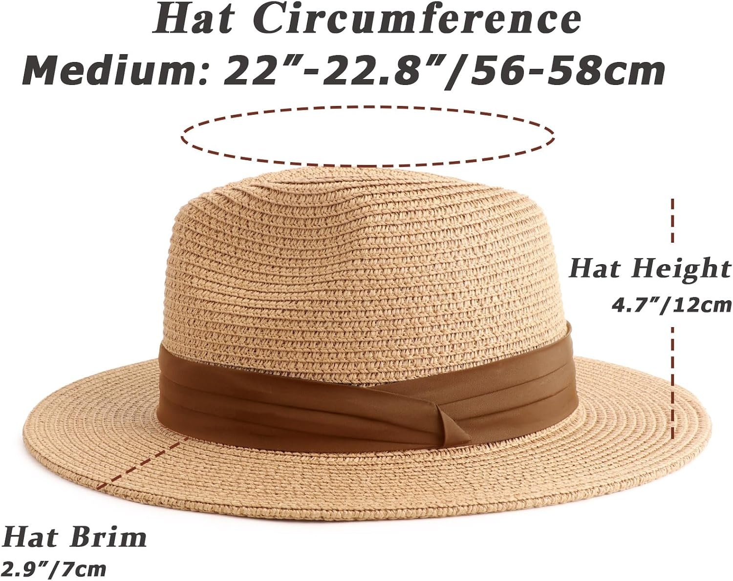 image:imageDRESHOW Women Straw Panama Hat Travel Fedora Beach Sun Hat Summer Wide Brim Straw Roll up Hats UPF 50Fedora Hat Khaki Brown Ribbon
