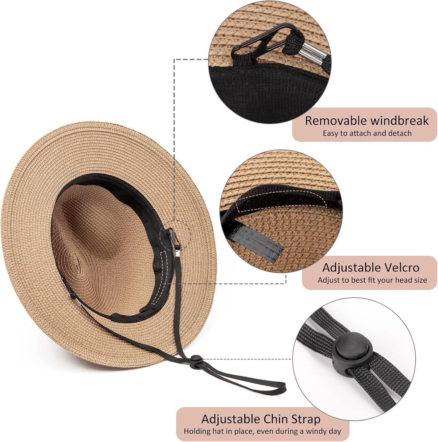 image:imageDRESHOW Women Straw Panama Hat Travel Fedora Beach Sun Hat Summer Wide Brim Straw Roll up Hats UPF 50Fedora Hat Khaki Brown Ribbon