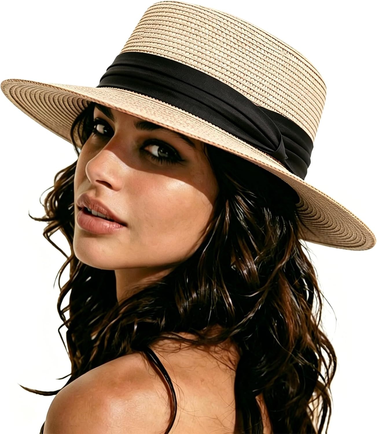 image:imageDRESHOW Women Straw Panama Hat Travel Fedora Beach Sun Hat Summer Wide Brim Straw Roll up Hats UPF 50Fedora L Beige a