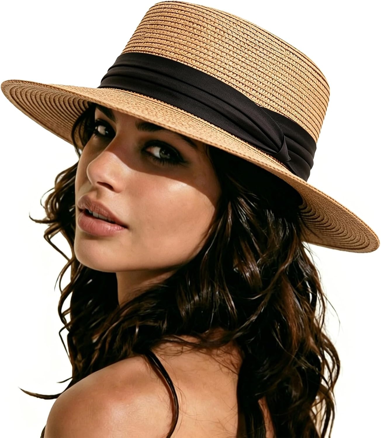 image:imageDRESHOW Women Straw Panama Hat Travel Fedora Beach Sun Hat Summer Wide Brim Straw Roll up Hats UPF 50Fedora L Khaki