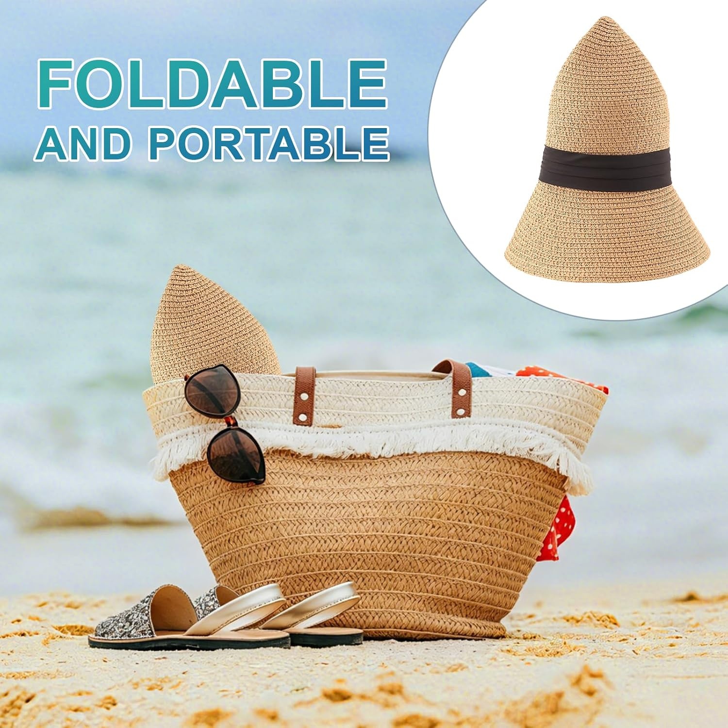 image:imageDRESHOW Women Straw Panama Hat Travel Fedora Beach Sun Hat Summer Wide Brim Straw Roll up Hats UPF 50Fedora L Khaki