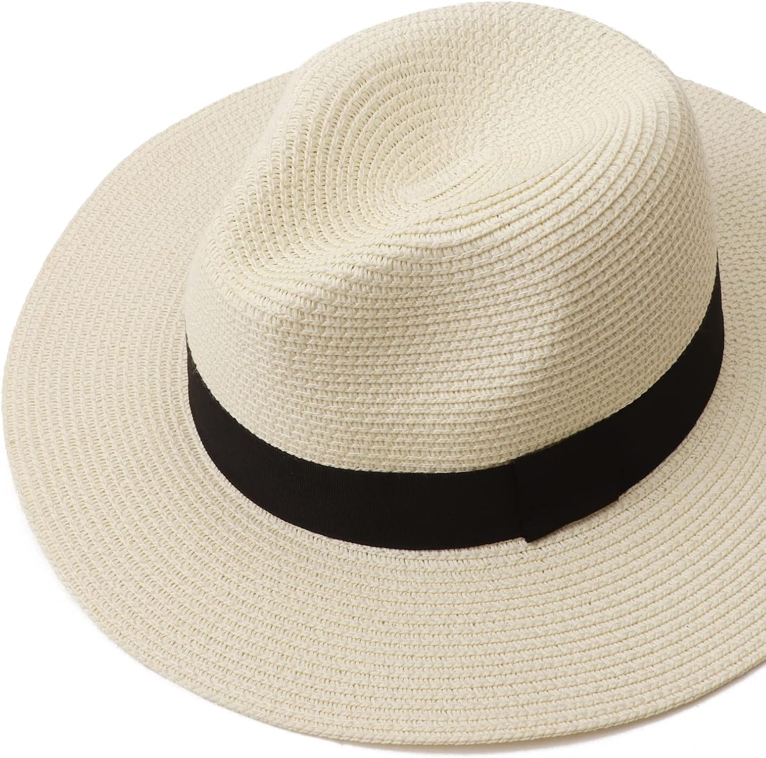 image:imageDRESHOW Women Straw Panama Hat Travel Fedora Beach Sun Hat Summer Wide Brim Straw Roll up Hats UPF 50Fedora a Beige