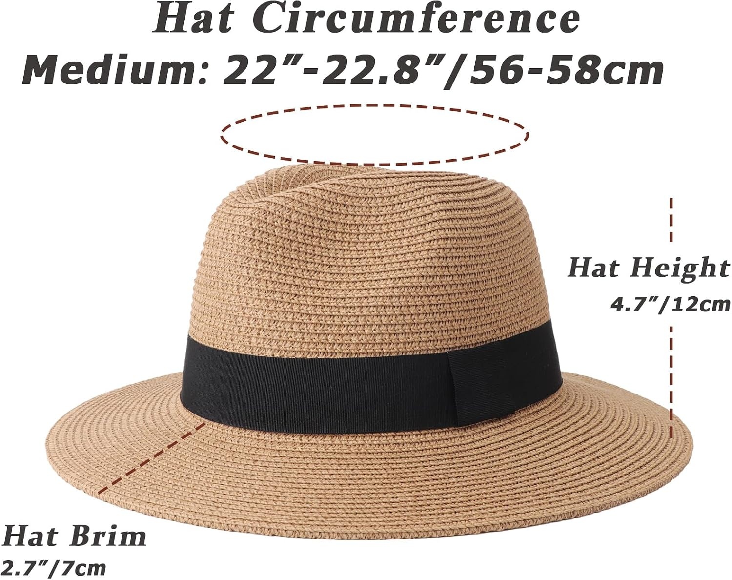 image:imageDRESHOW Women Straw Panama Hat Travel Fedora Beach Sun Hat Summer Wide Brim Straw Roll up Hats UPF 50Fedora a Khaki