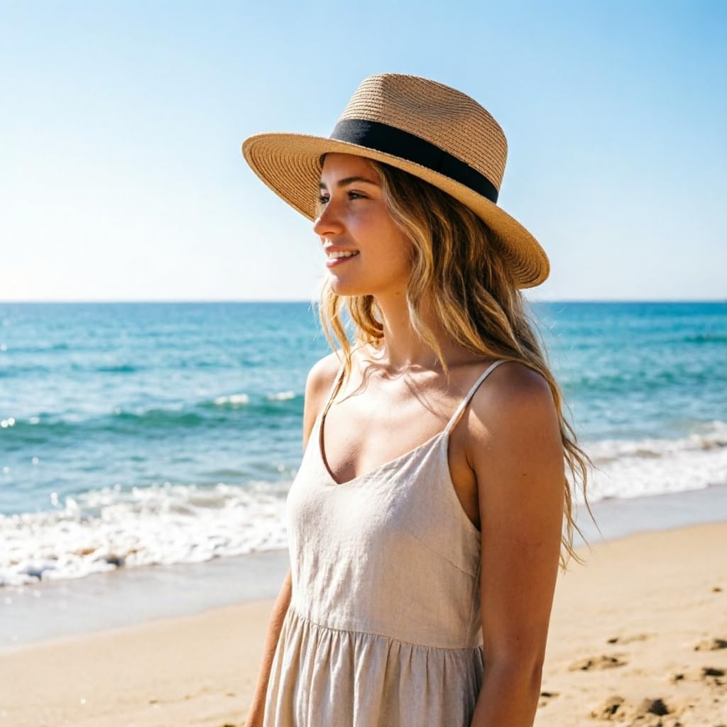 image:imageDRESHOW Women Straw Panama Hat Travel Fedora Beach Sun Hat Summer Wide Brim Straw Roll up Hats UPF 50Fedora a Khaki