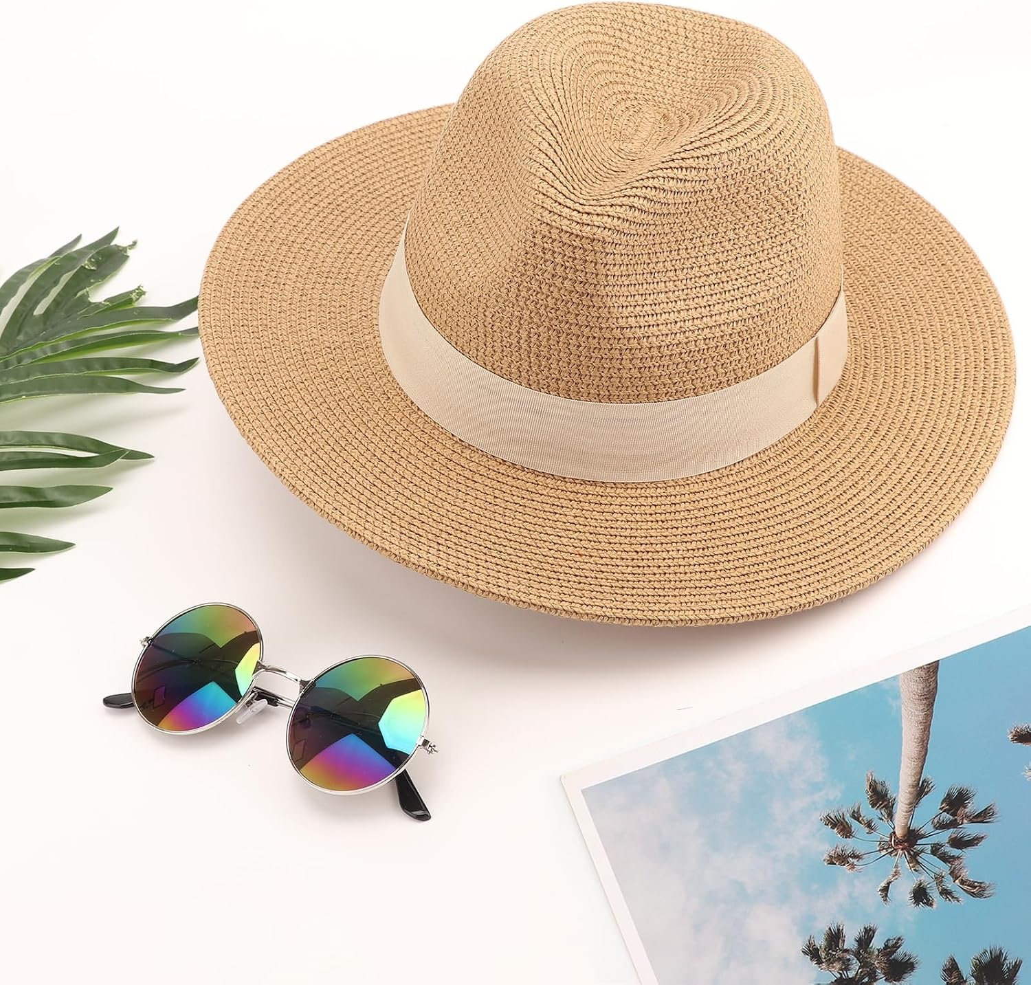 image:imageDRESHOW Women Straw Panama Hat Travel Fedora Beach Sun Hat Summer Wide Brim Straw Roll up Hats UPF 50Fedora a Khaki Beige Hatband
