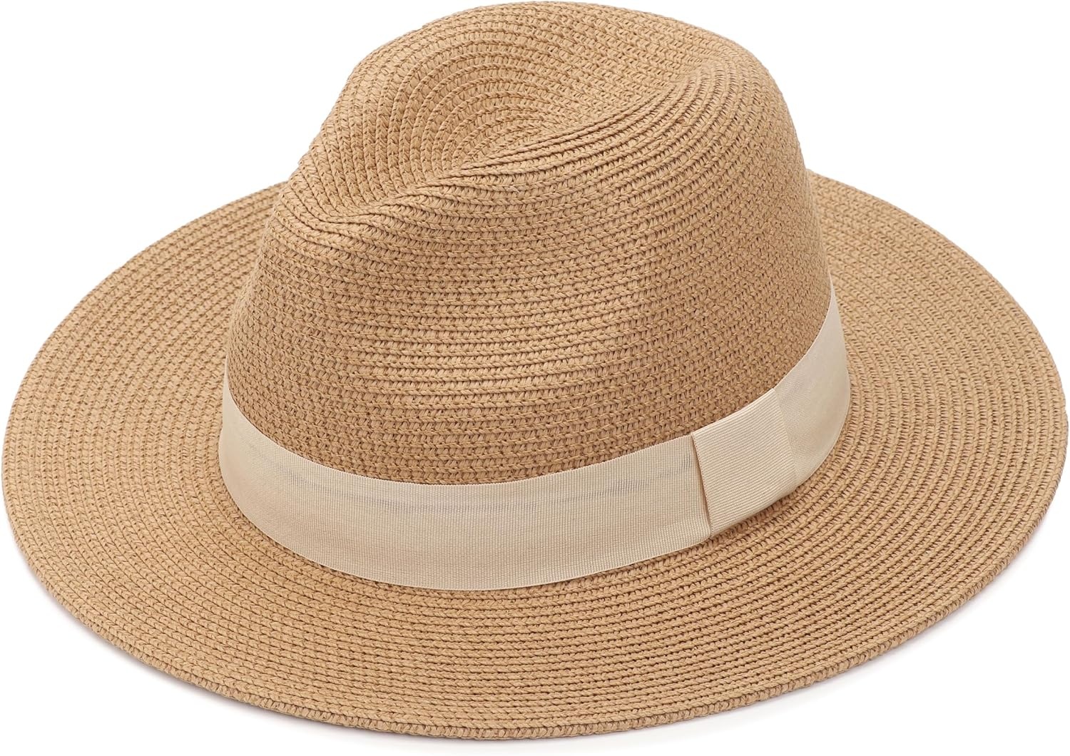 image:imageDRESHOW Women Straw Panama Hat Travel Fedora Beach Sun Hat Summer Wide Brim Straw Roll up Hats UPF 50Fedora a Khaki Beige Hatband