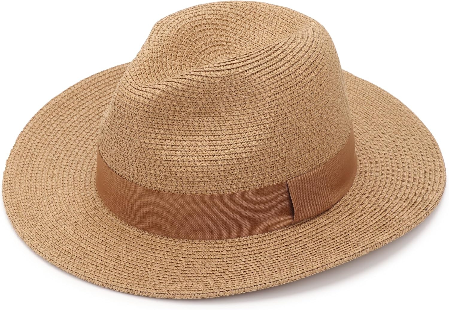 image:imageDRESHOW Women Straw Panama Hat Travel Fedora Beach Sun Hat Summer Wide Brim Straw Roll up Hats UPF 50Fedora a Khaki Brown Hatband