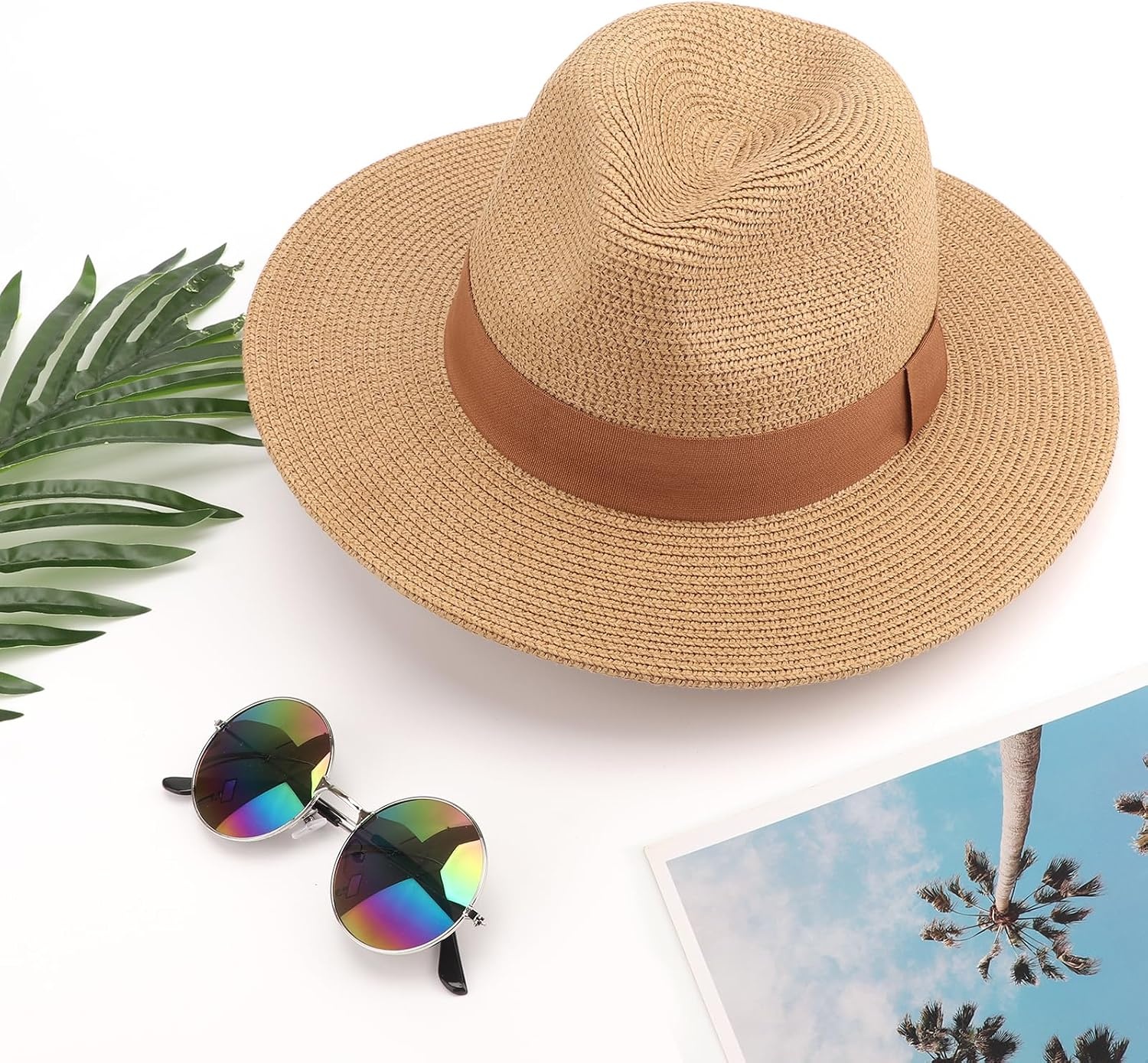 image:imageDRESHOW Women Straw Panama Hat Travel Fedora Beach Sun Hat Summer Wide Brim Straw Roll up Hats UPF 50Fedora a Khaki Brown Hatband