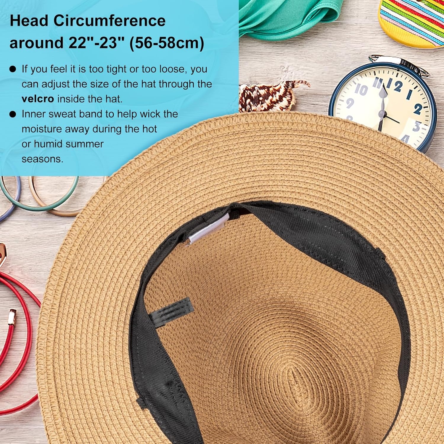 image:imageDRESHOW Women Straw Panama Hat Travel Fedora Beach Sun Hat Summer Wide Brim Straw Roll up Hats UPF 50Khaki Hat With Cream Band
