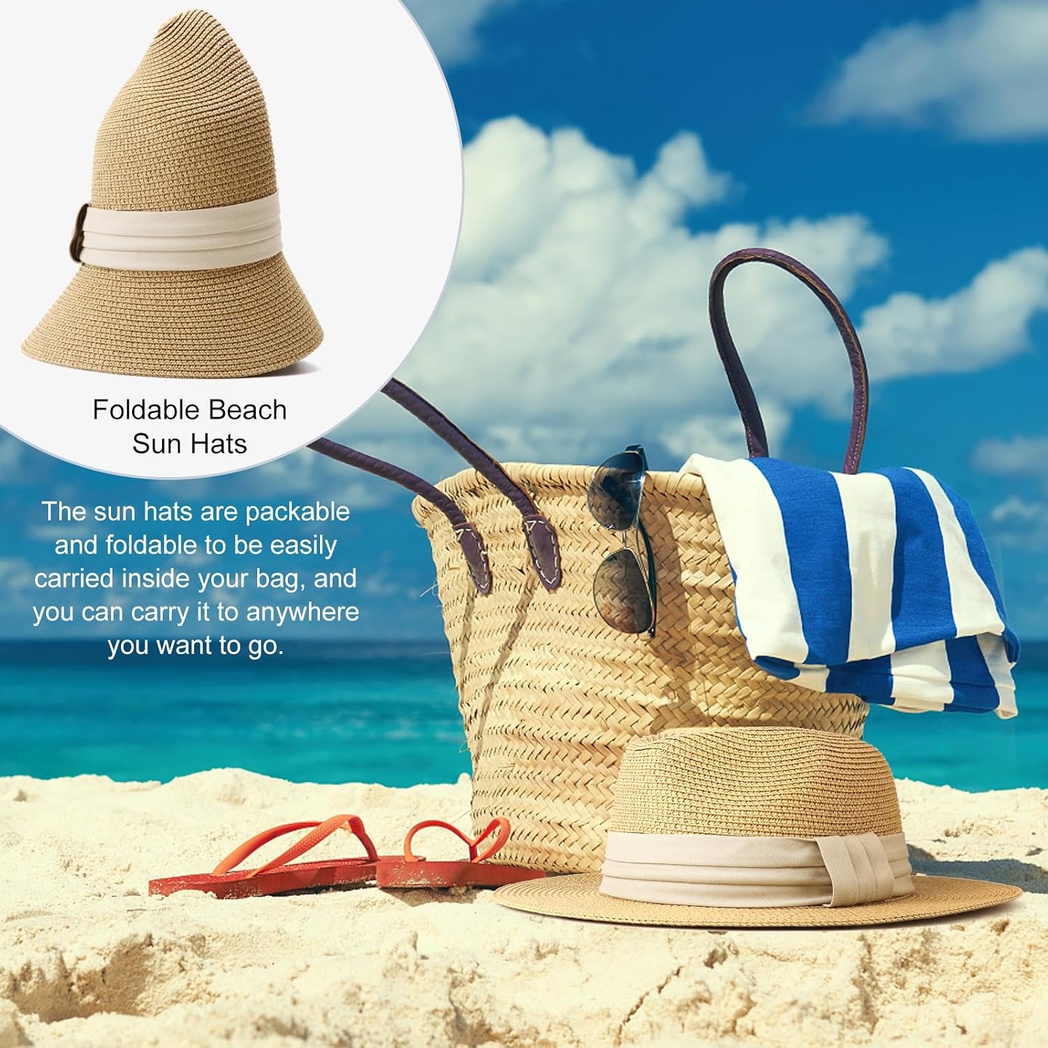 image:imageDRESHOW Women Straw Panama Hat Travel Fedora Beach Sun Hat Summer Wide Brim Straw Roll up Hats UPF 50Khaki Hat With Cream Band