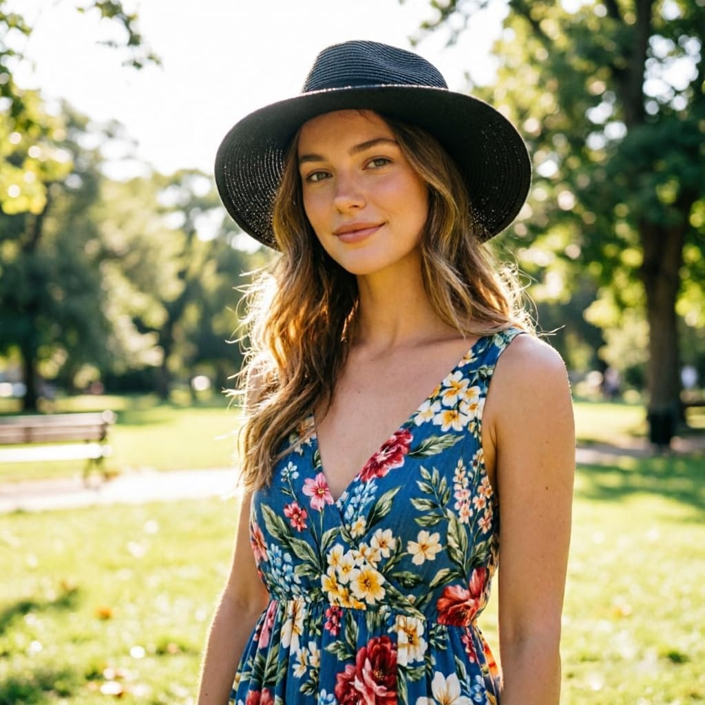 image:imageDRESHOW Women Straw Panama Hat Travel Fedora Beach Sun Hat Summer Wide Brim Straw Roll up Hats UPF 50Wide Brim Hat Black