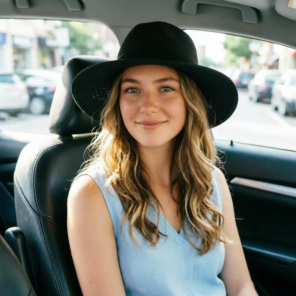 image:imageDRESHOW Women Straw Panama Hat Travel Fedora Beach Sun Hat Summer Wide Brim Straw Roll up Hats UPF 50Wide Brim Hat Black