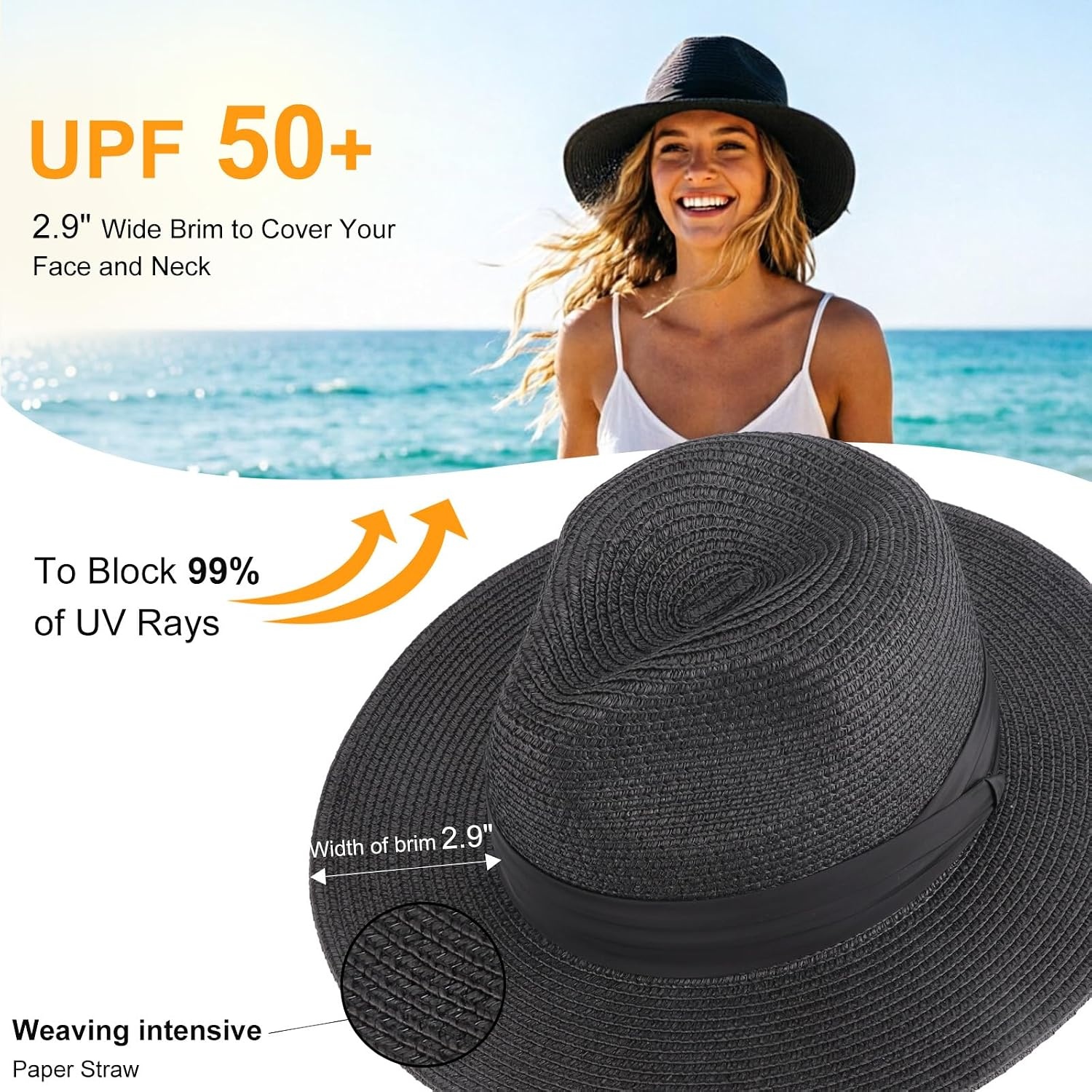 image:imageDRESHOW Women Straw Panama Hat Travel Fedora Beach Sun Hat Summer Wide Brim Straw Roll up Hats UPF 50Wide Brim Hat Black