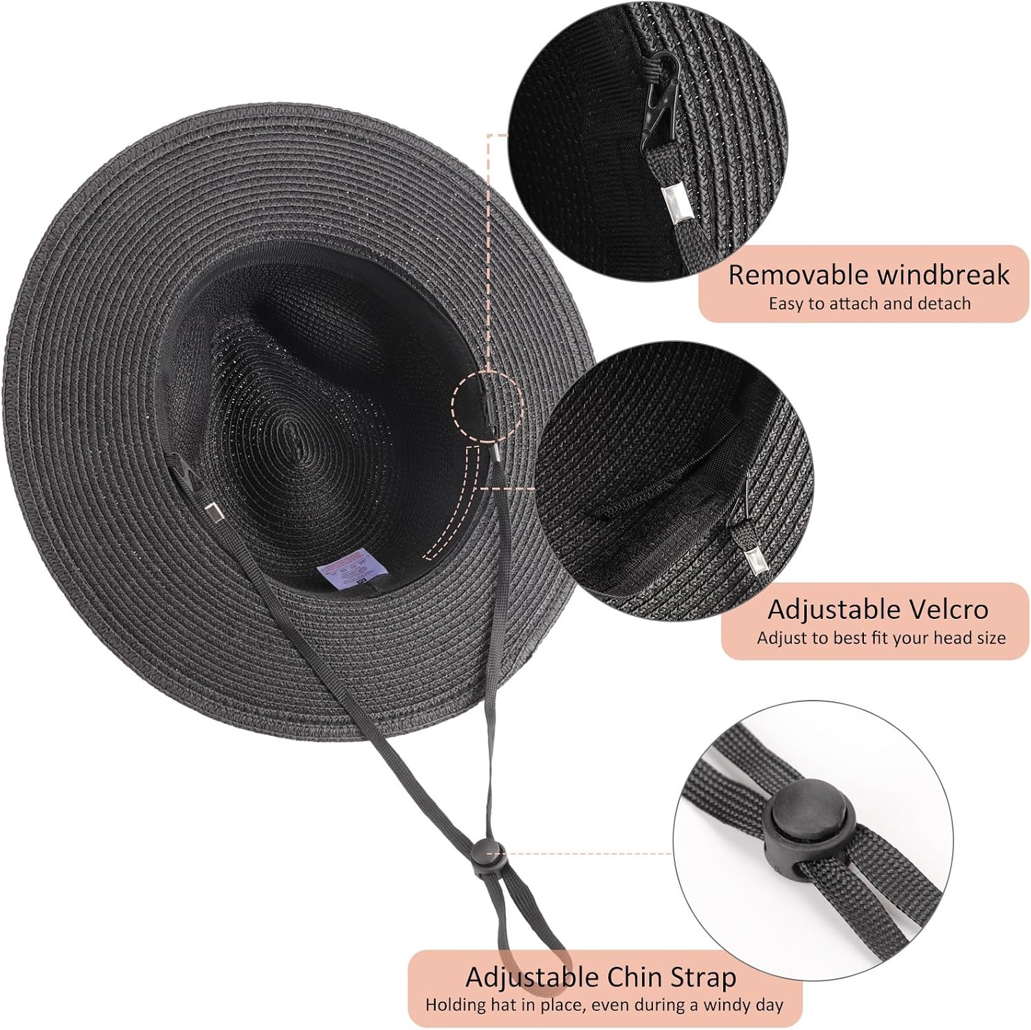 image:imageDRESHOW Women Straw Panama Hat Travel Fedora Beach Sun Hat Summer Wide Brim Straw Roll up Hats UPF 50Wide Brim Hat Black