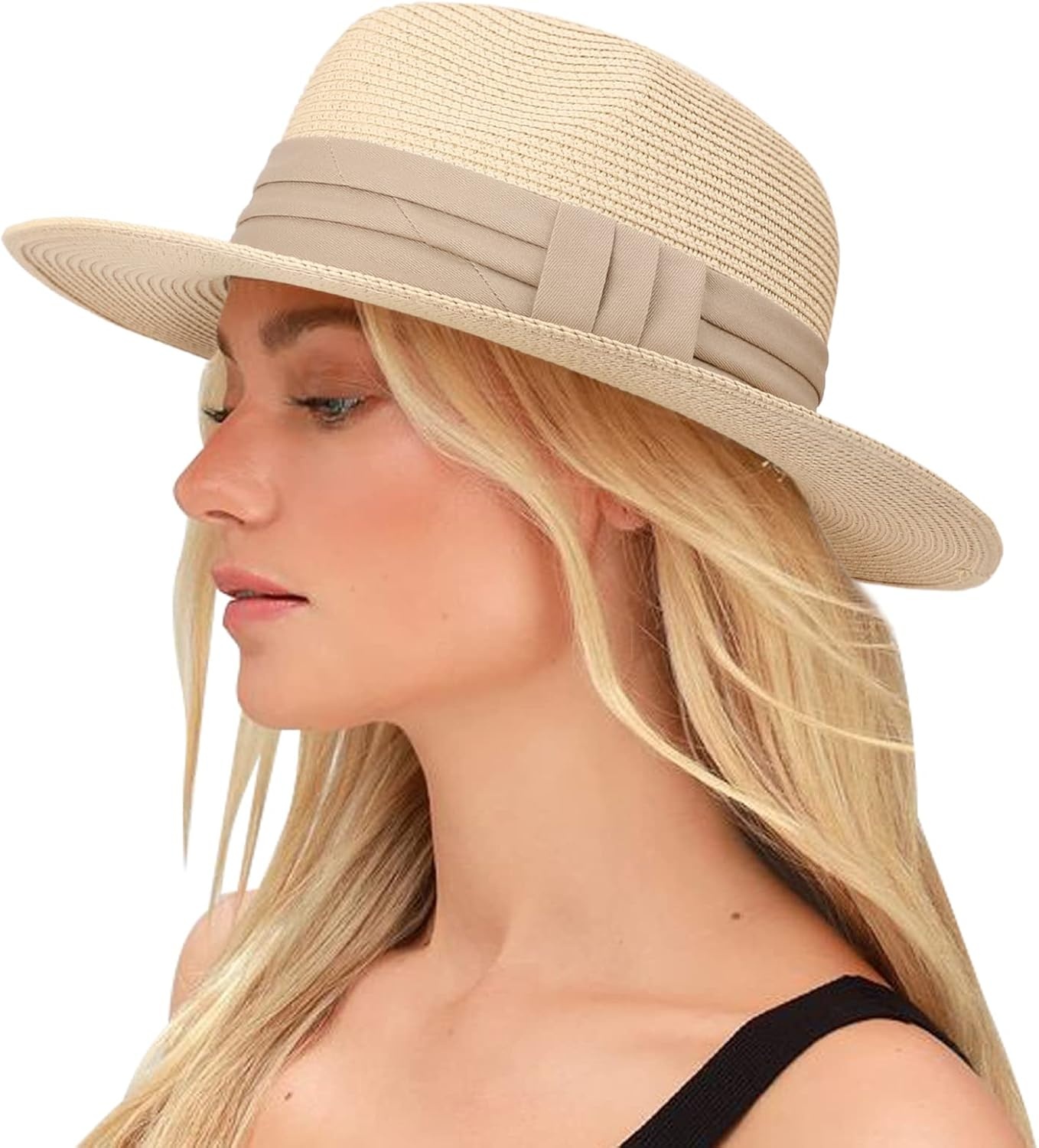image:imageDRESHOW Women Straw Panama Hat Travel Fedora Beach Sun Hat Summer Wide Brim Straw Roll up Hats UPF 50Wide Brim Hat Khaki Square Knot