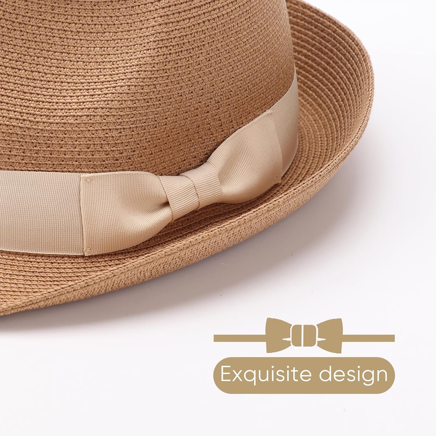 image:imageDRESHOW Women Straw Sun Hat Short Brim Panama Travel Fedora Summer Hat Roll Up Beach Cap for Women UPF 501 Pack Rolled Hat Khaki Beige Band
