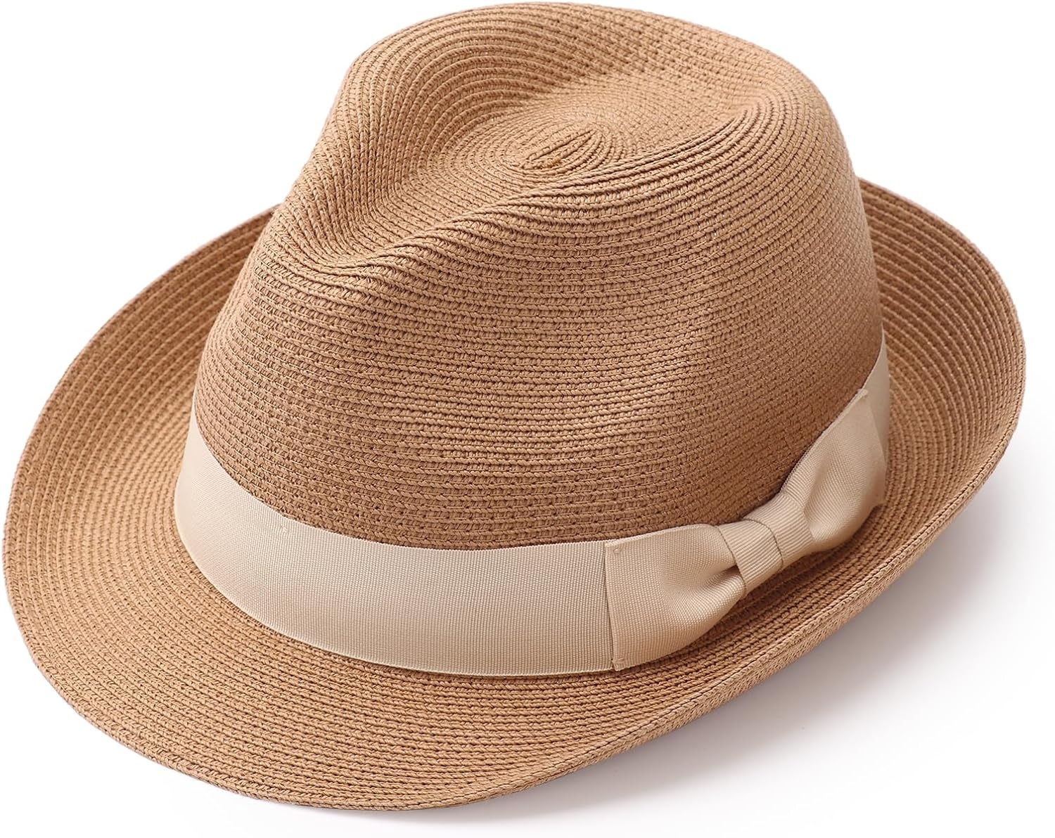 image:imageDRESHOW Women Straw Sun Hat Short Brim Panama Travel Fedora Summer Hat Roll Up Beach Cap for Women UPF 501 Pack Rolled Hat Khaki Beige Band