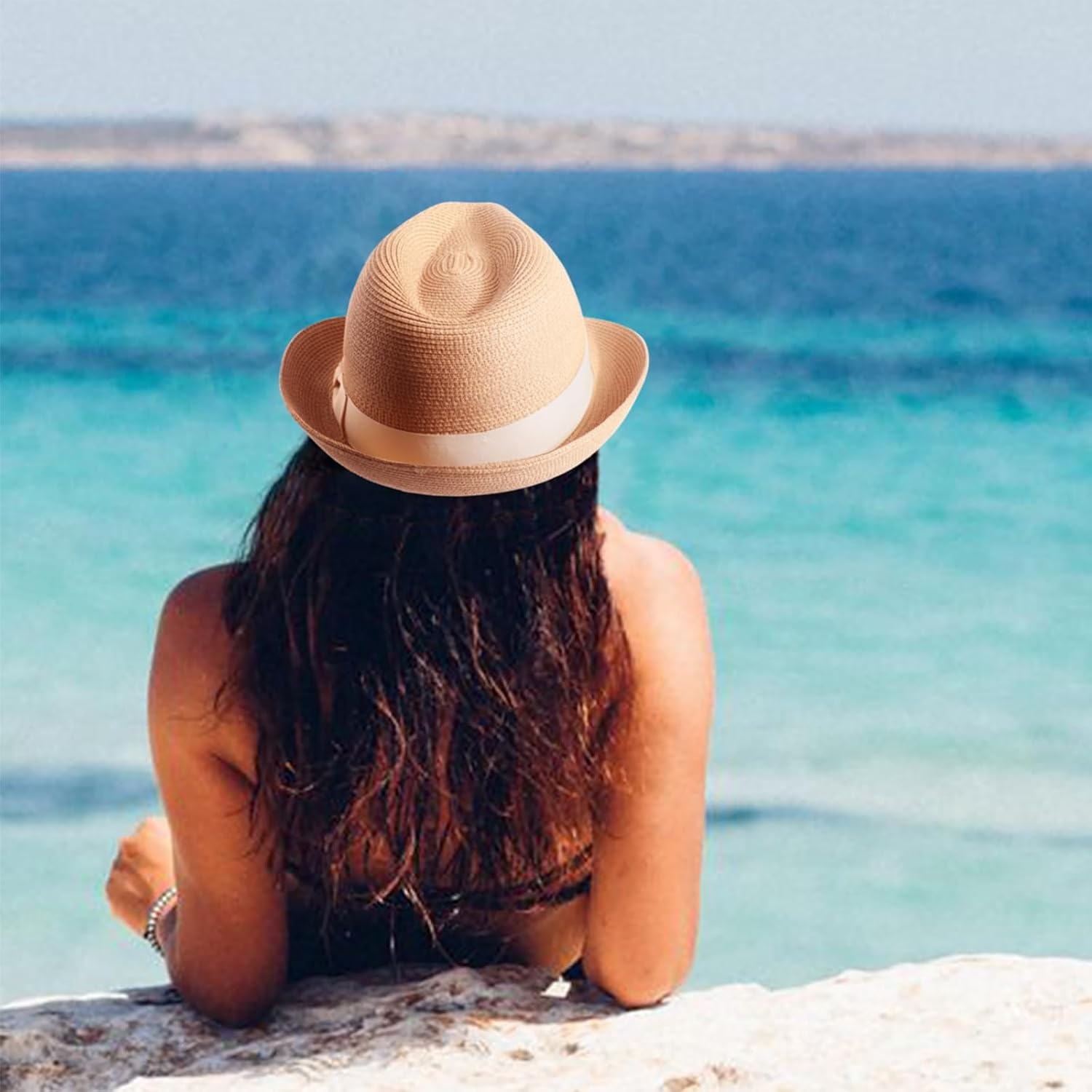 image:imageDRESHOW Women Straw Sun Hat Short Brim Panama Travel Fedora Summer Hat Roll Up Beach Cap for Women UPF 501 Pack Rolled Hat Khaki Beige Band