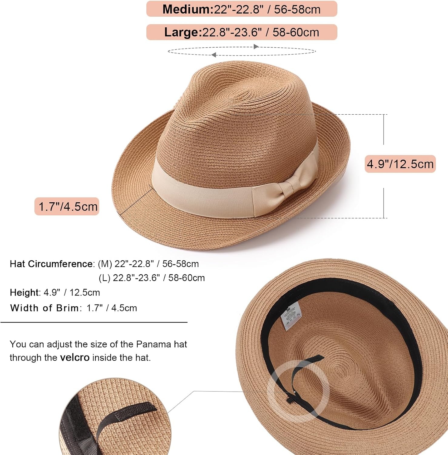 image:imageDRESHOW Women Straw Sun Hat Short Brim Panama Travel Fedora Summer Hat Roll Up Beach Cap for Women UPF 501 Pack Rolled Hat Khaki Beige Band