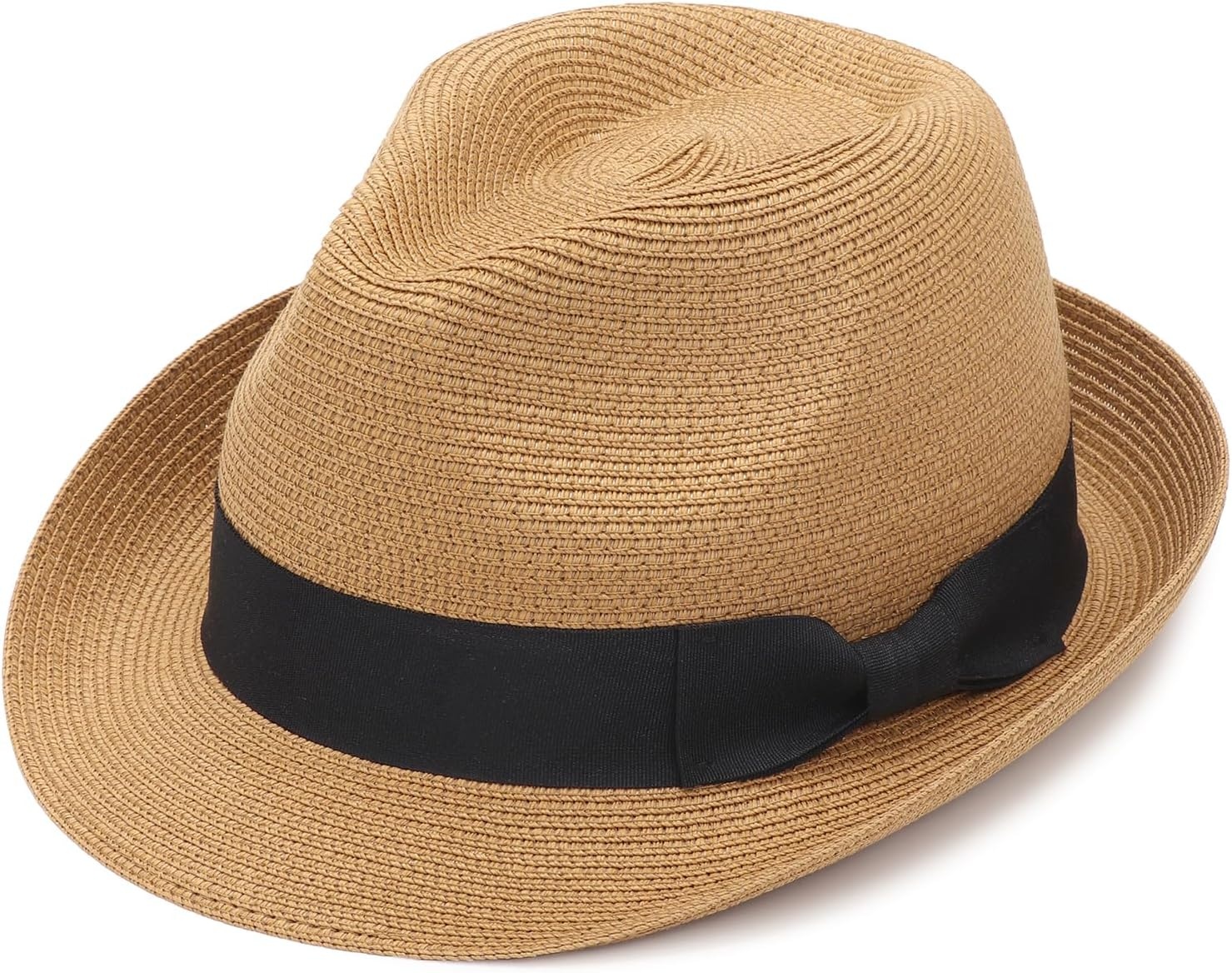 image:imageDRESHOW Women Straw Sun Hat Short Brim Panama Travel Fedora Summer Hat Roll Up Beach Cap for Women UPF 501 Pack Rolled Hat Khaki Black Band