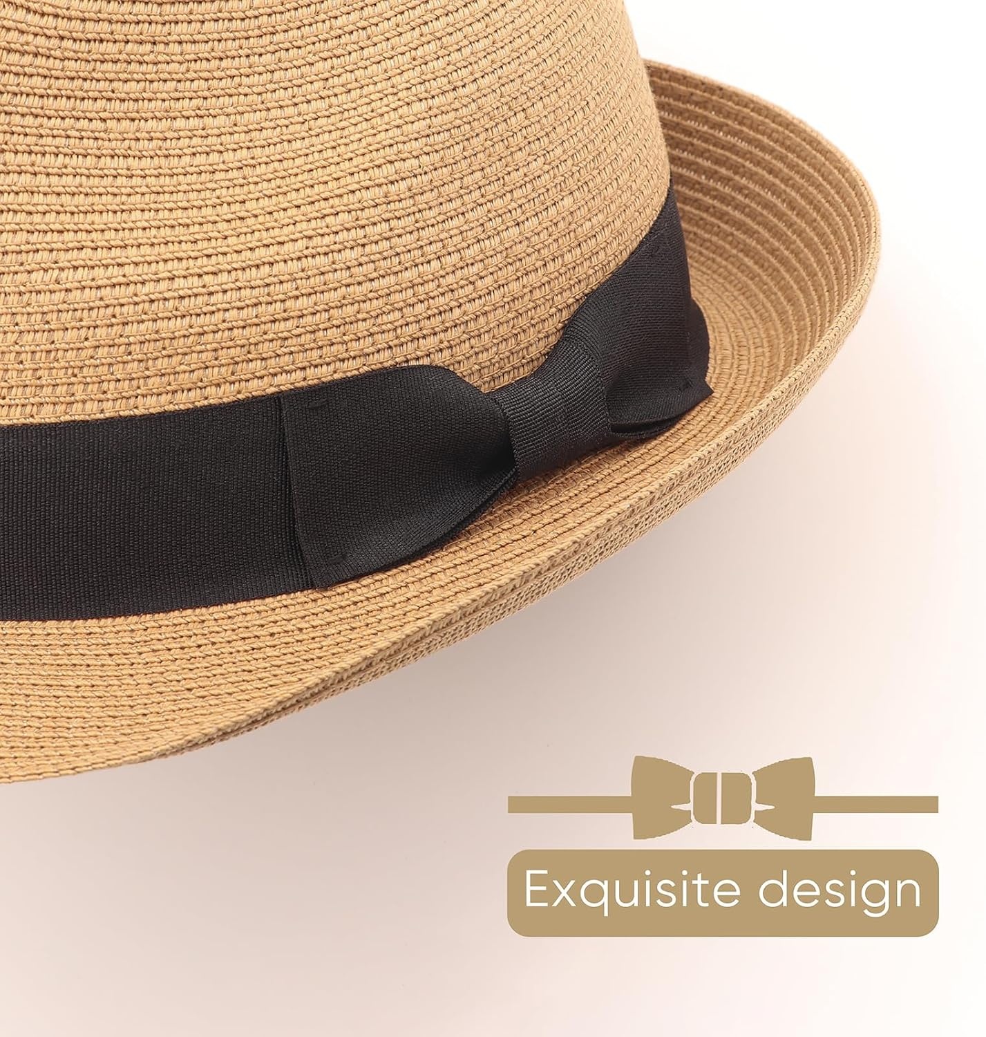 image:imageDRESHOW Women Straw Sun Hat Short Brim Panama Travel Fedora Summer Hat Roll Up Beach Cap for Women UPF 501 Pack Rolled Hat Khaki Black Band