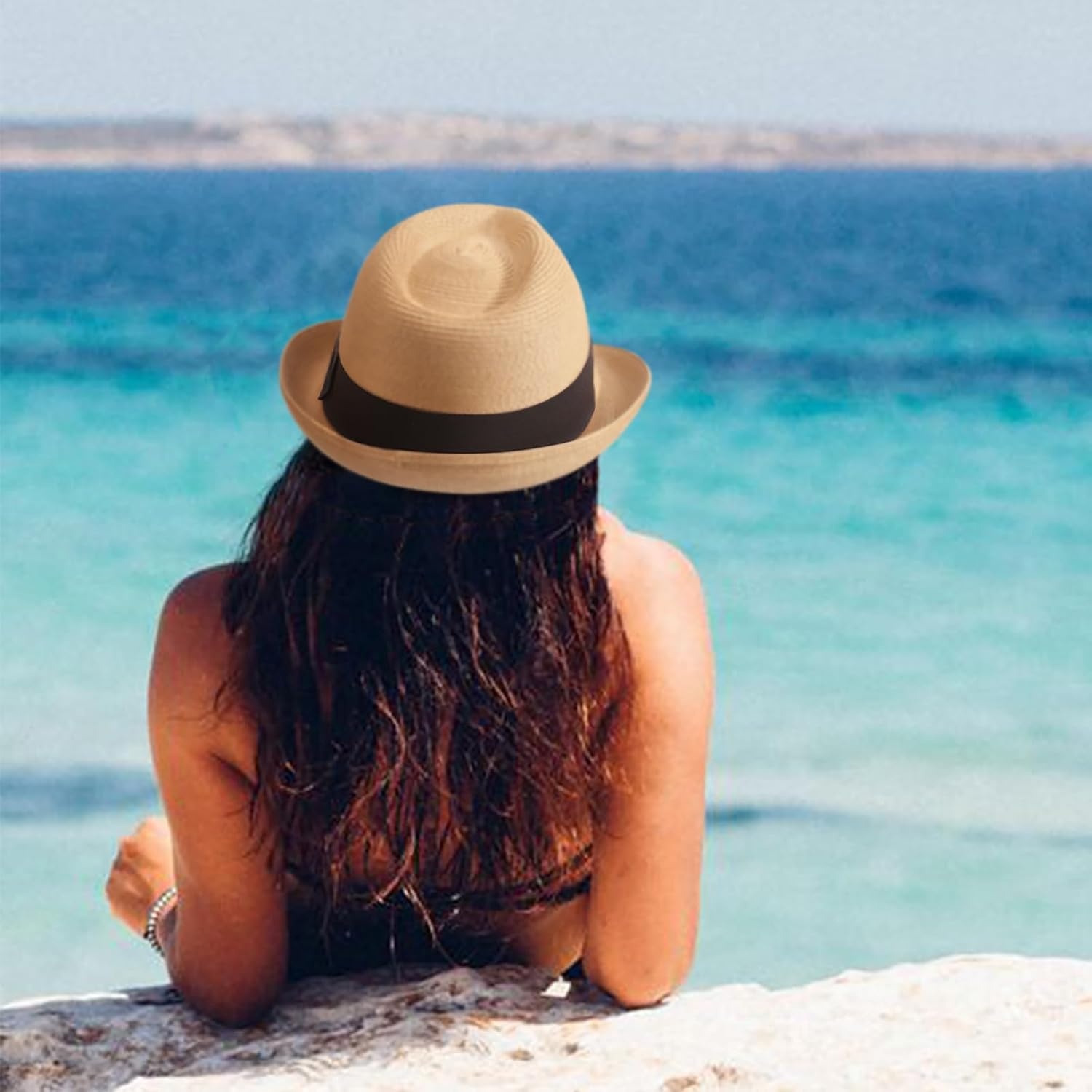 image:imageDRESHOW Women Straw Sun Hat Short Brim Panama Travel Fedora Summer Hat Roll Up Beach Cap for Women UPF 501 Pack Rolled Hat Khaki Black Band