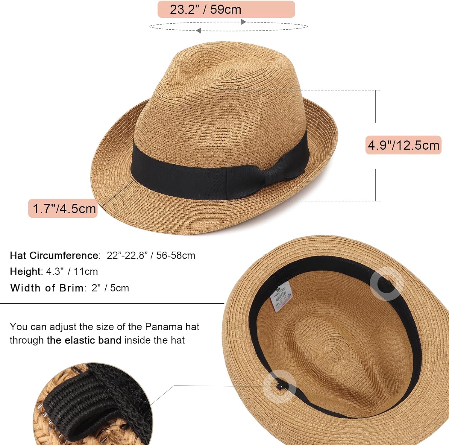 image:imageDRESHOW Women Straw Sun Hat Short Brim Panama Travel Fedora Summer Hat Roll Up Beach Cap for Women UPF 501 Pack Rolled Hat Khaki Black Band