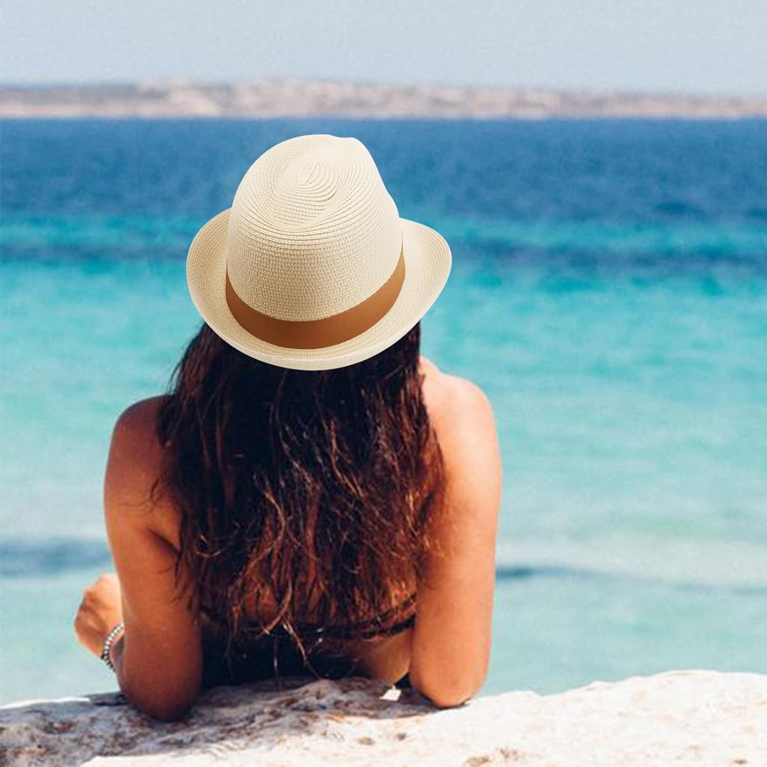 image:imageDRESHOW Women Straw Sun Hat Short Brim Panama Travel Fedora Summer Hat Roll Up Beach Cap for Women UPF 501 Pc Ribbon Straw Hat Beige