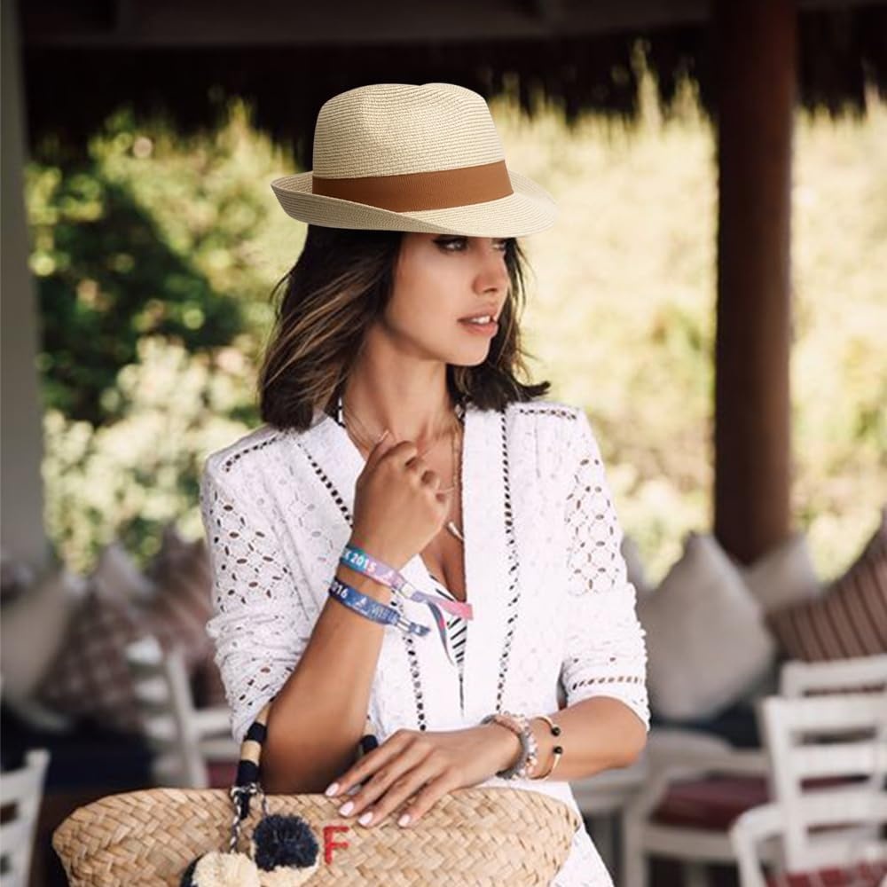 image:imageDRESHOW Women Straw Sun Hat Short Brim Panama Travel Fedora Summer Hat Roll Up Beach Cap for Women UPF 501 Pc Ribbon Straw Hat Beige