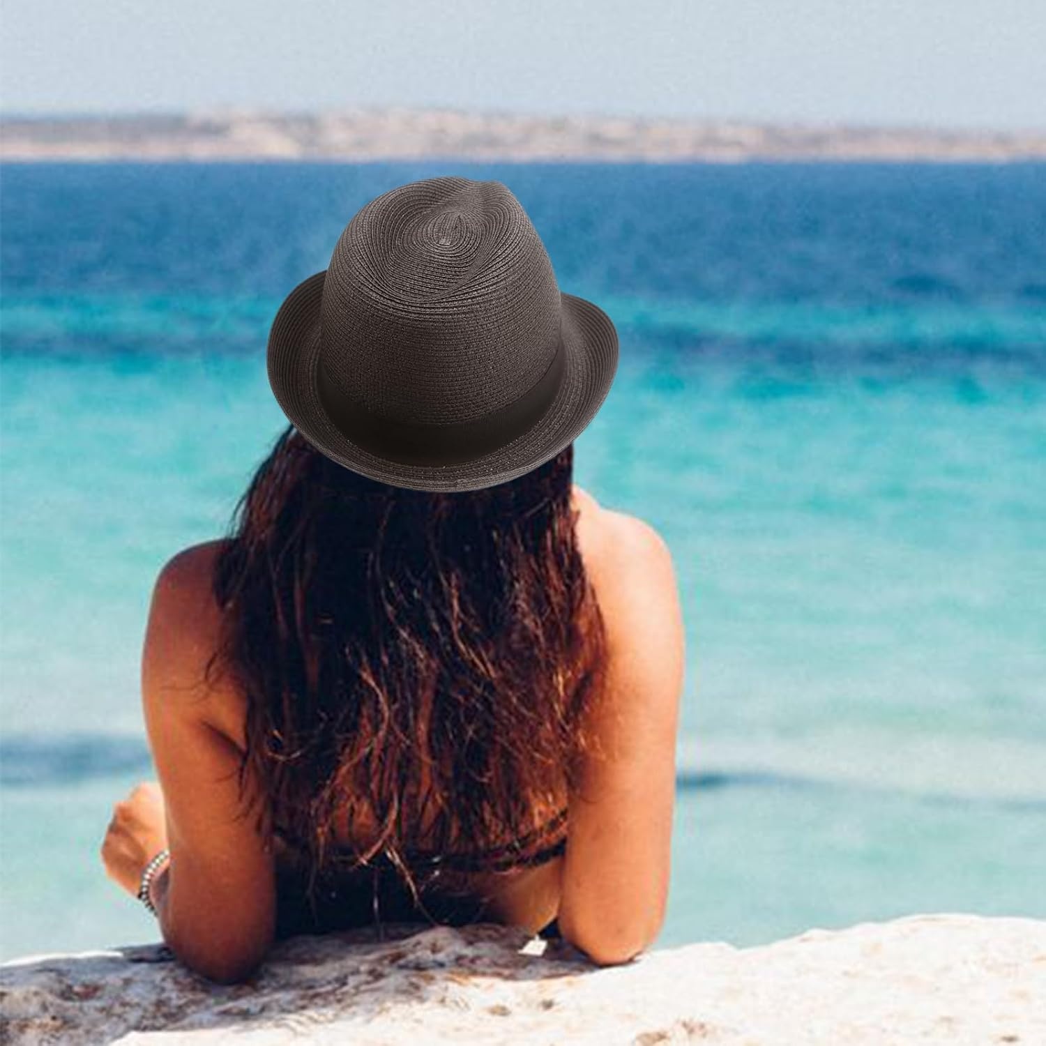image:imageDRESHOW Women Straw Sun Hat Short Brim Panama Travel Fedora Summer Hat Roll Up Beach Cap for Women UPF 501 Pc Ribbon Straw Hat Black