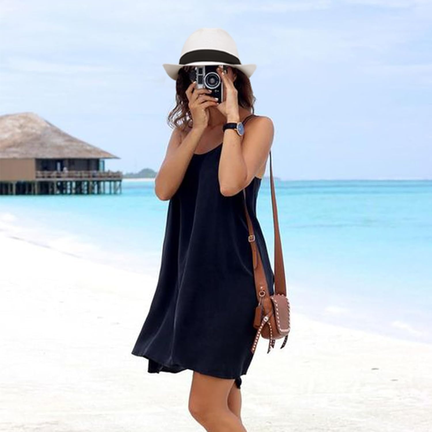 image:imageDRESHOW Women Straw Sun Hat Short Brim Panama Travel Fedora Summer Hat Roll Up Beach Cap for Women UPF 501 Pc Ribbon Straw Hat White